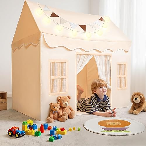 SYNCFUN Play Tent for Kids,Indoor & Outdoor Tent with Blanket,LED Lights & Flags for Toddler,Spacious 51*35*52 Inch,Playhouse for Kids,Ideal Private Space for Reading & Play for Boys & Girls Age 3-7