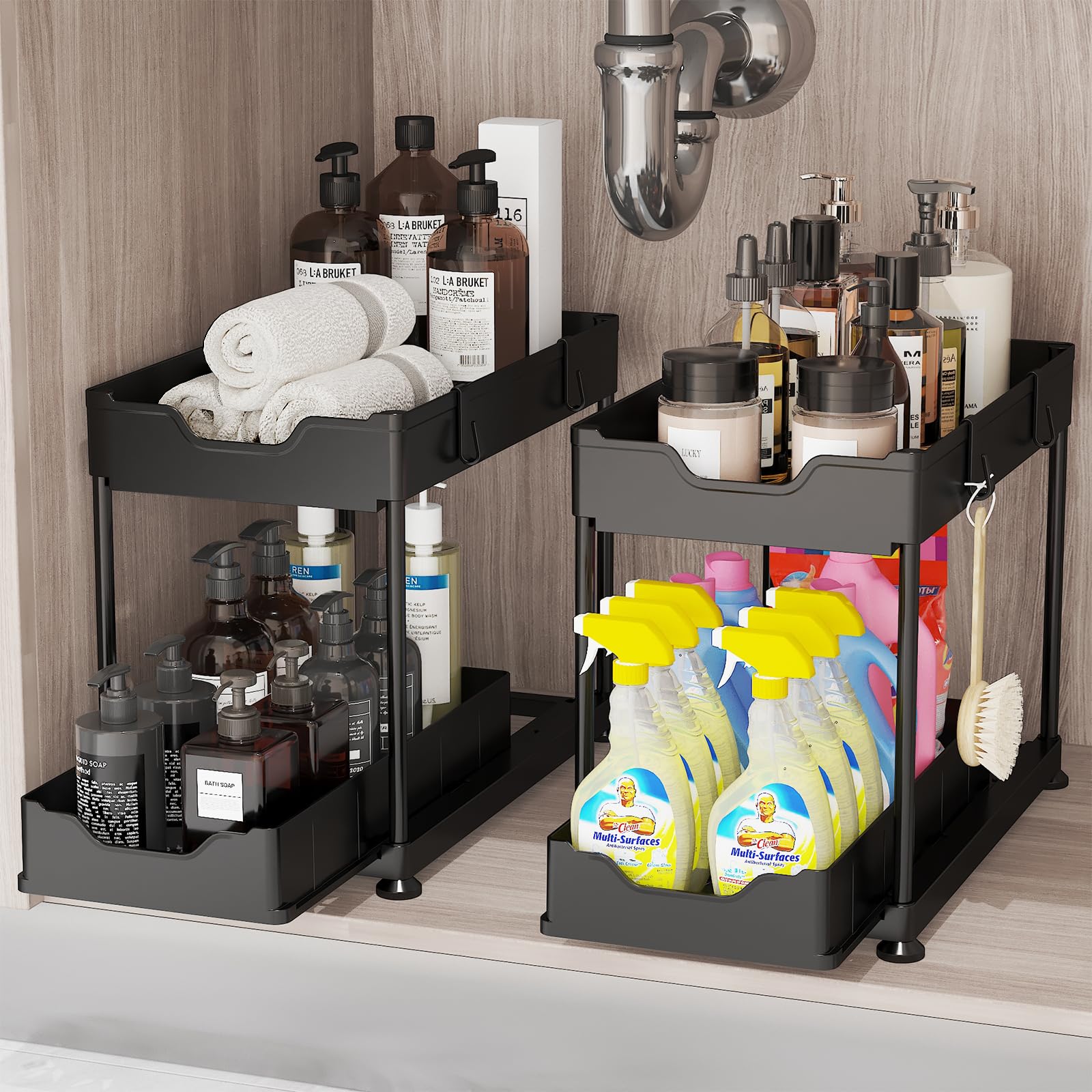 2-Pack Under Sink Organizers – 2-Tier Slide-Out Drawers, With Hooks, Black ABS Plastic, For Bathroom Or Kitchen