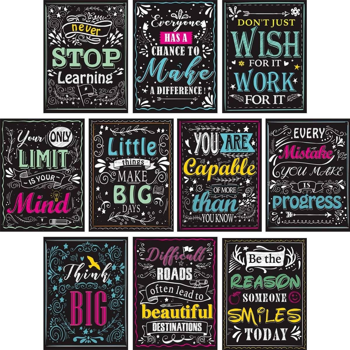 Bpa 10-Pieces Motivational Quote Posters with 80 Glue Point Dots, 11-Inch x 14-Inch, Black/White