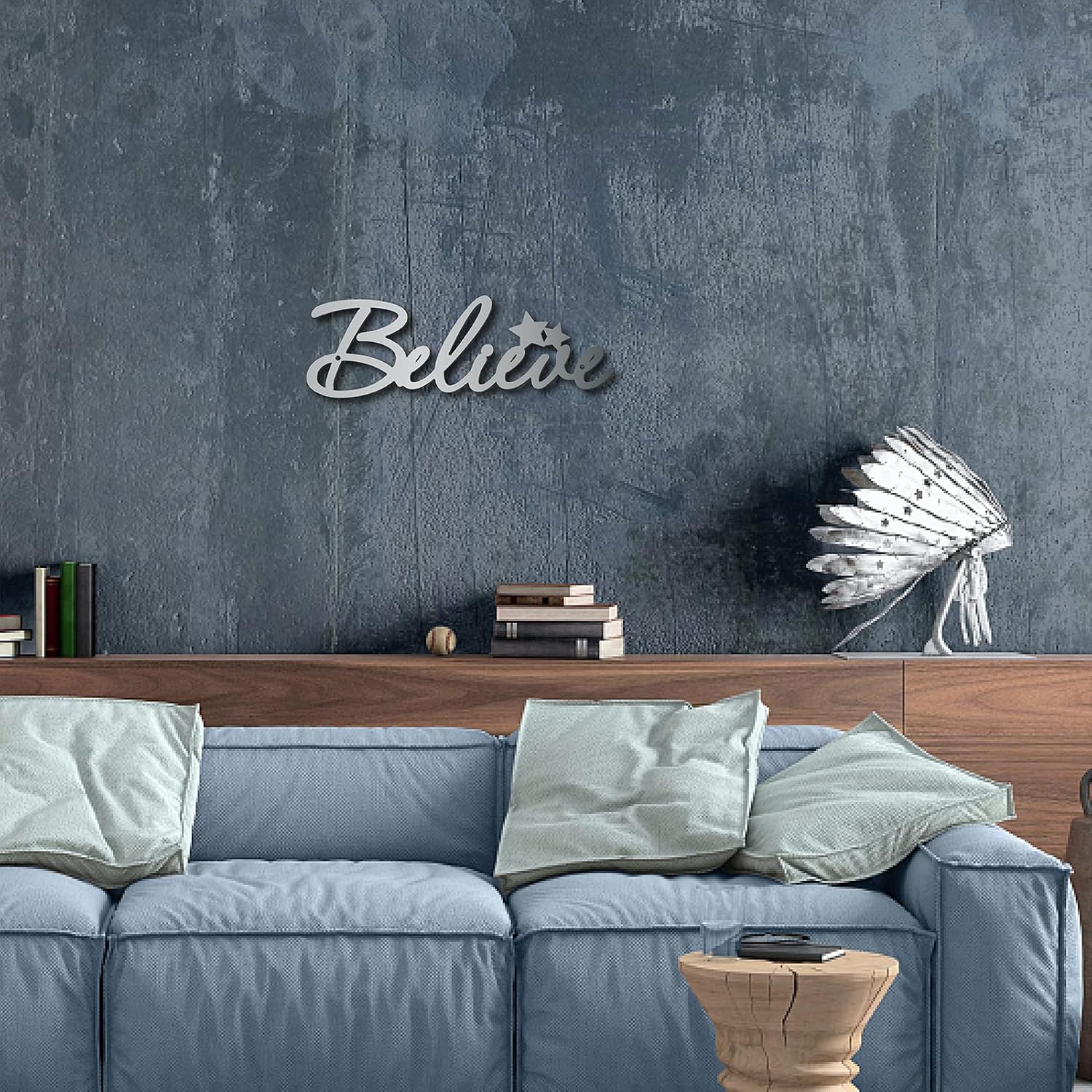 CREATCABIN Believe Metal Sign Wall Art Decor Rustic Letter Signs Hanging Word Decoration for Front Door Home Entry Indoor Outdoor Living Room Aesthetic Bedroom Office 3.9 x 11.8 Inch(Silver)