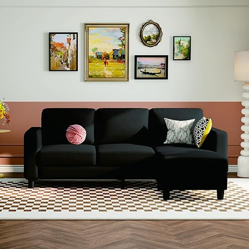 Miniatura 3 de Sofá modular pequeño de 73 pulgadas con diván reversible, sofá de tela de lino en forma de L con marco de roble macizo y hierro, cojín de asiento