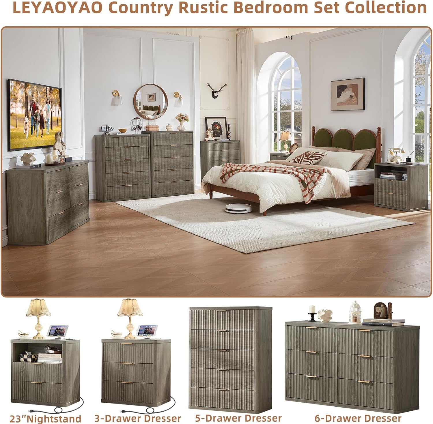 LEYAOYAO Fluted 5 Drawers Dresser for Bedroom, 41" Tall Modern Chest of Drawers with Metal Handle, Curved Profile Farmhouse Closet Organizer Wood Dressers TV Stand for Living Room, Hallway,Grey