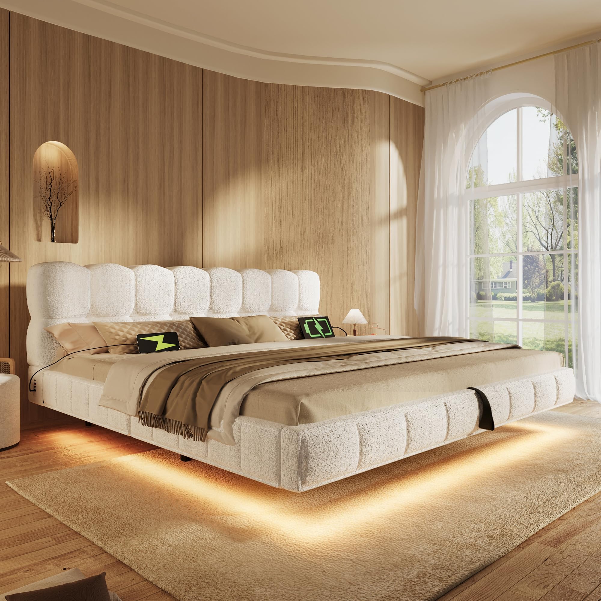 Cama flotante acolchada de matrimonio 140 x 200 cm con somier de láminas, cama colgante con contenedor hidráulico y LED y USB/TypeC, cama con diseño de nube, chenilla, beige, colchón no