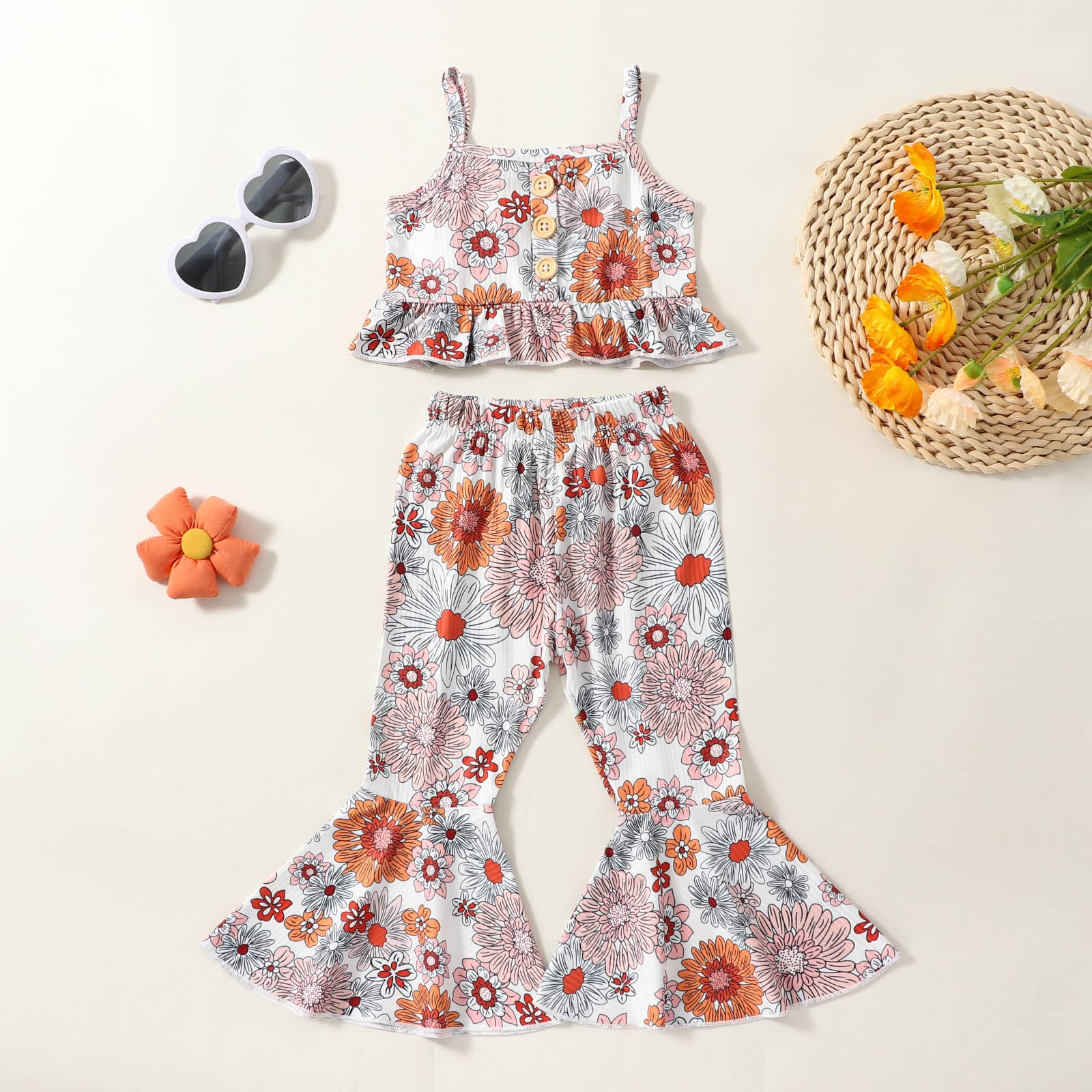 Newborn Baby Girl Summer Outfit Westen Crop Top Bell Bottoms Flare Pants Set Toddler Summer (White Floral, 18-24 Months)