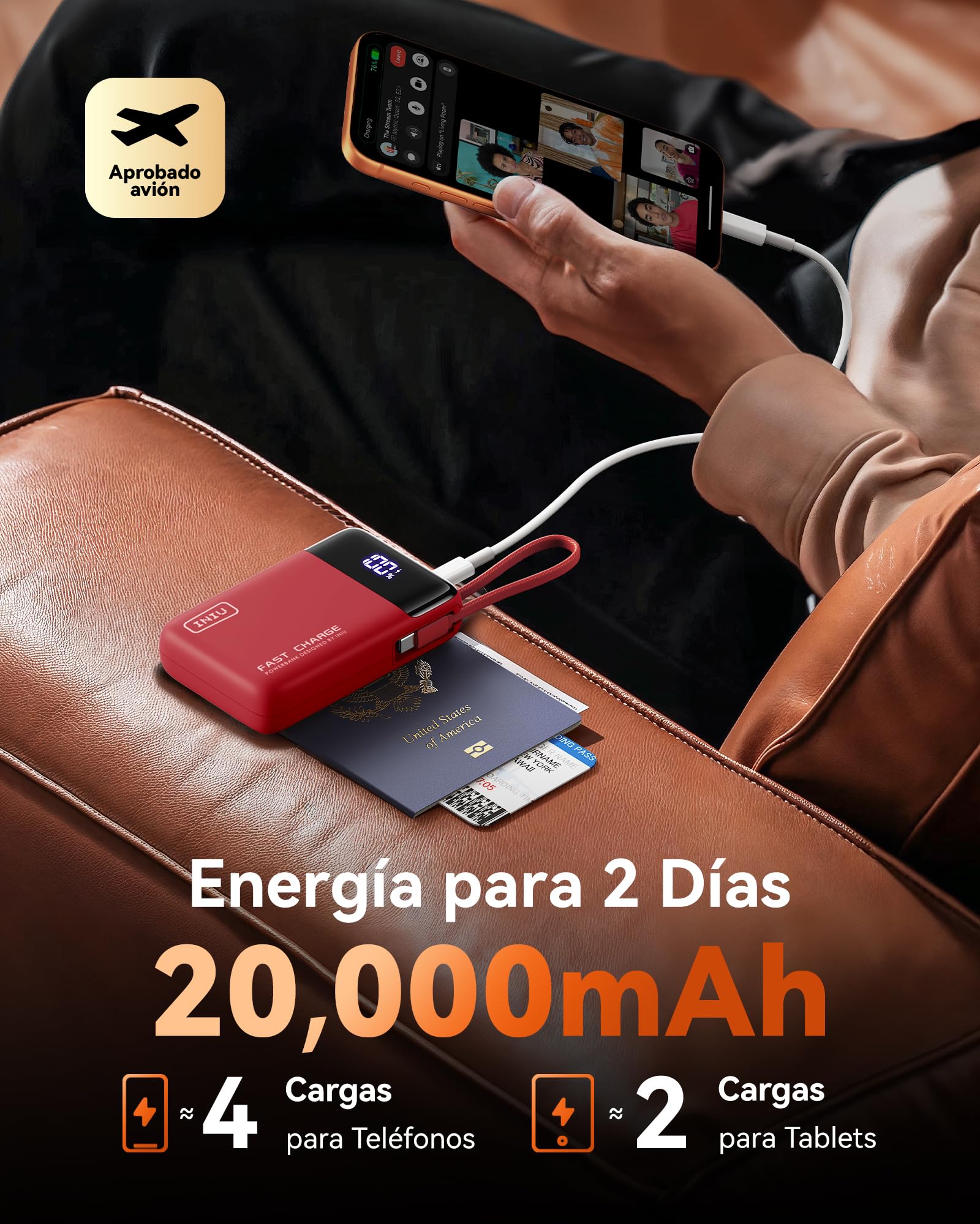 INIU Power Bank, Pequeño 20000mAh 45W Carga Rapida Travel Batería Externa | Cable USB-C Integrado, Apto para Avión, Esenciales de Viaje, Portatil Movil para iPhone 17 16, iPad, Samsung, Xiaomi etc