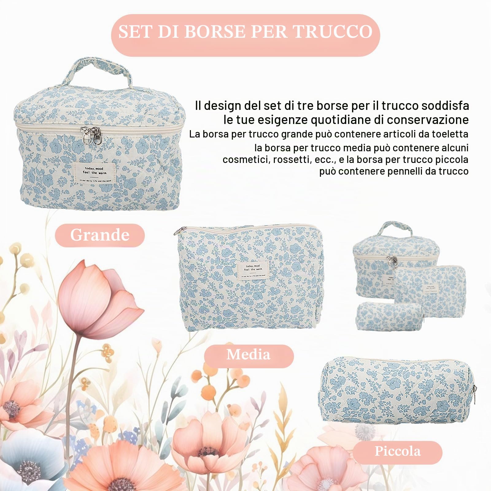 3 Pezzi Borsa Cosmetica Trapuntata, Beauty Case Da Viaggio Donna Grande Capacità Pochette Portatrucchi Viaggio Borsa Cosmetica Grande Beauty Trapuntato Grandei Da Toilette Makeup Bag Organizer