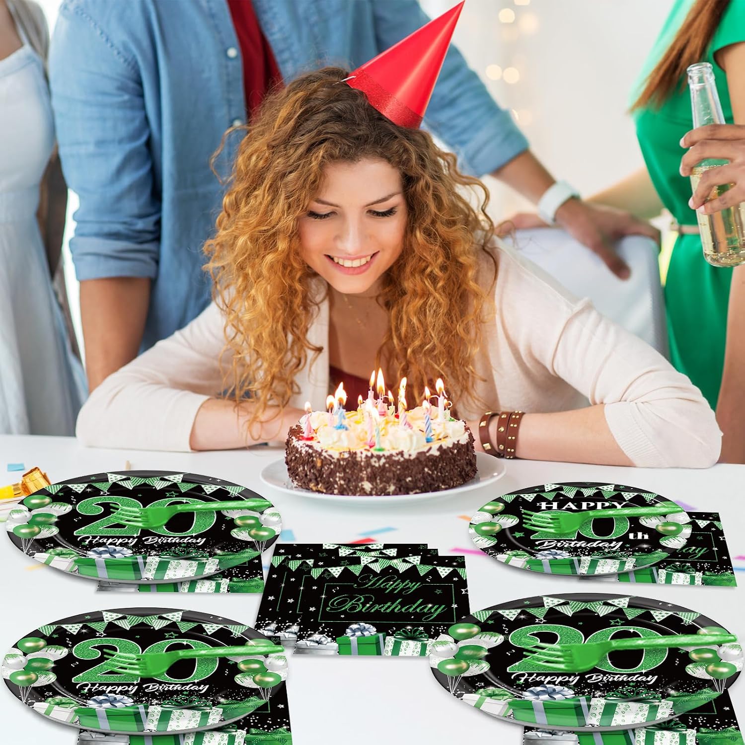 OBUSATT 96Pcs 20th Birthday Party Supplies Green and Silver Happy Birthday Paper Plates Napkins 20th Decorations 20 Years Old Dinnerware Party Favor Men Women Tableware Serves 24