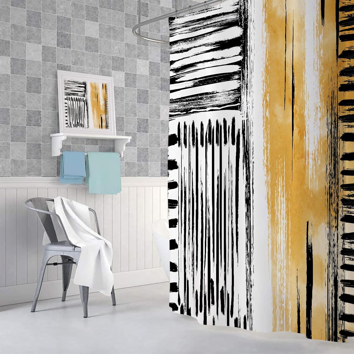 DYNH Abstract Designer Shower Curtain Aesthetic Art, Modern Neutral Black and White Yellow Brown Fabric Shower Curtains Set for Men Bathroom Decorative, Restroom Decor Accessories 72X84 Inch