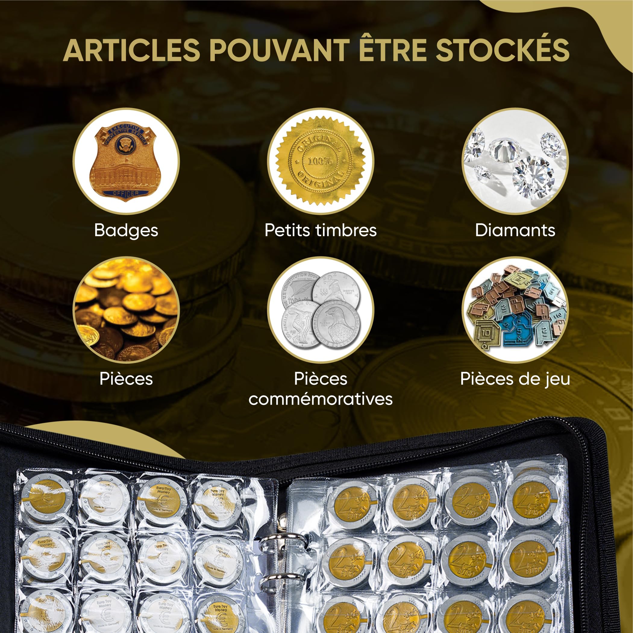 Classeur pièce 2 euros – classeur numismatique 480 pochettes en cuir résistant – album collection pièces de monnaie, rangement et protection pour collectionneurs