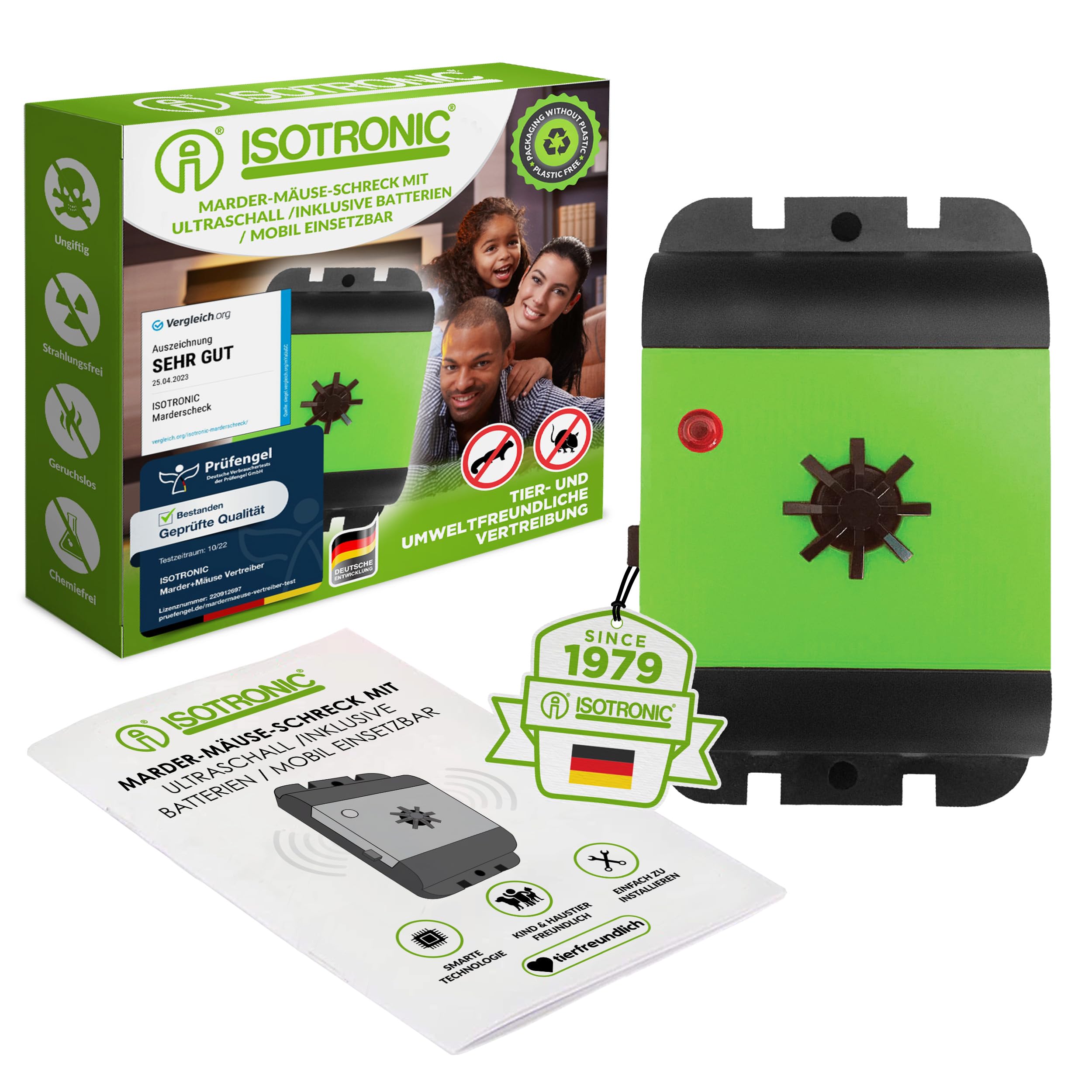 ISOTRONIC Marderschreck Auto – Batteriebetriebene Marderabwehr mit Vibrationssensor & Ultraschall – Marderschutz für Auto, Dachboden & Garage – Anti Marder Abwehr mit 40m² Wirkungsbereich (1 Stück)