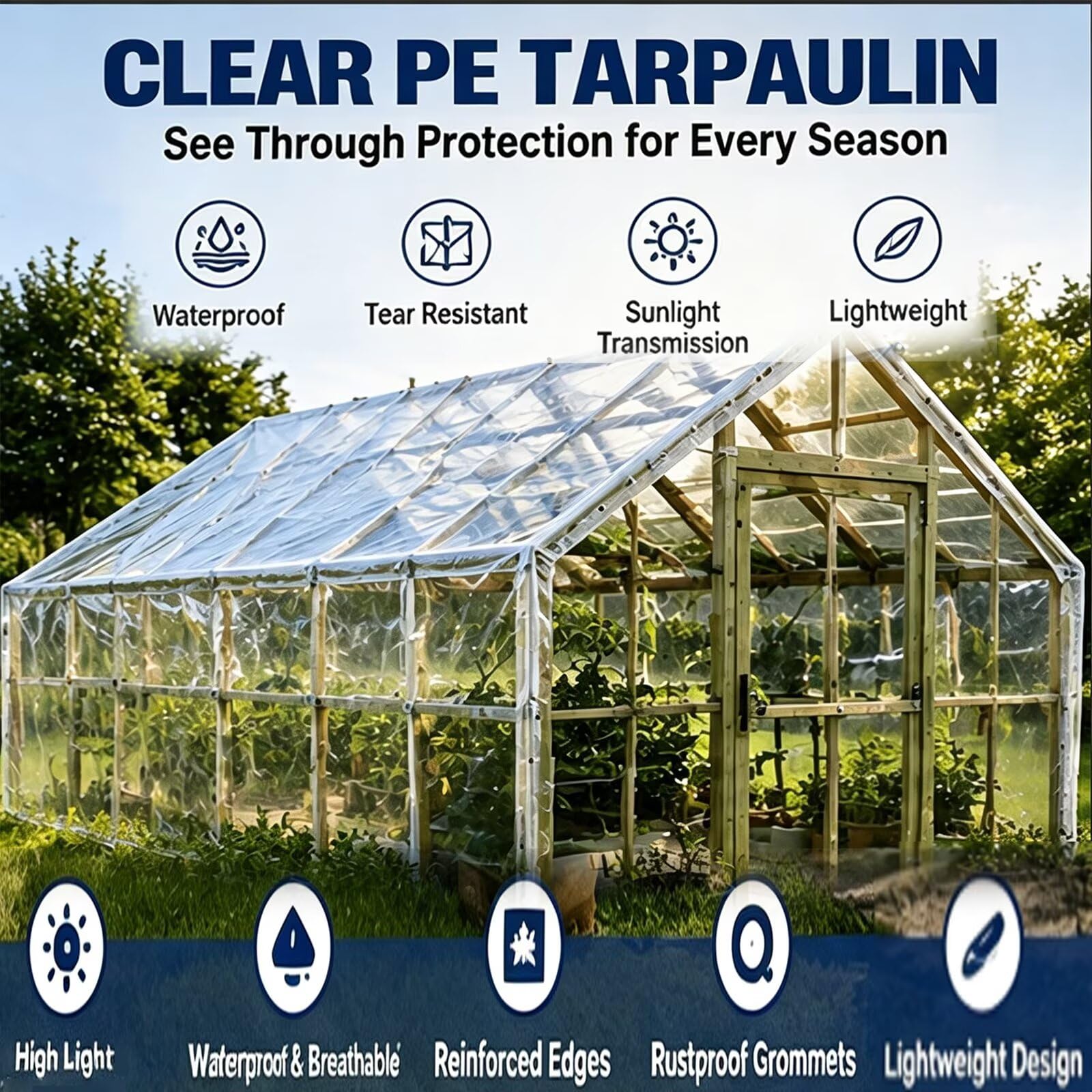Bâche Transparente avec œillets pour l'extérieur, bâche en PE Transparent 0.18mm, avec Serre-câbles, Corde de Fixation de 10 m, Convient pour Pavillons（1.8x5.5 m）