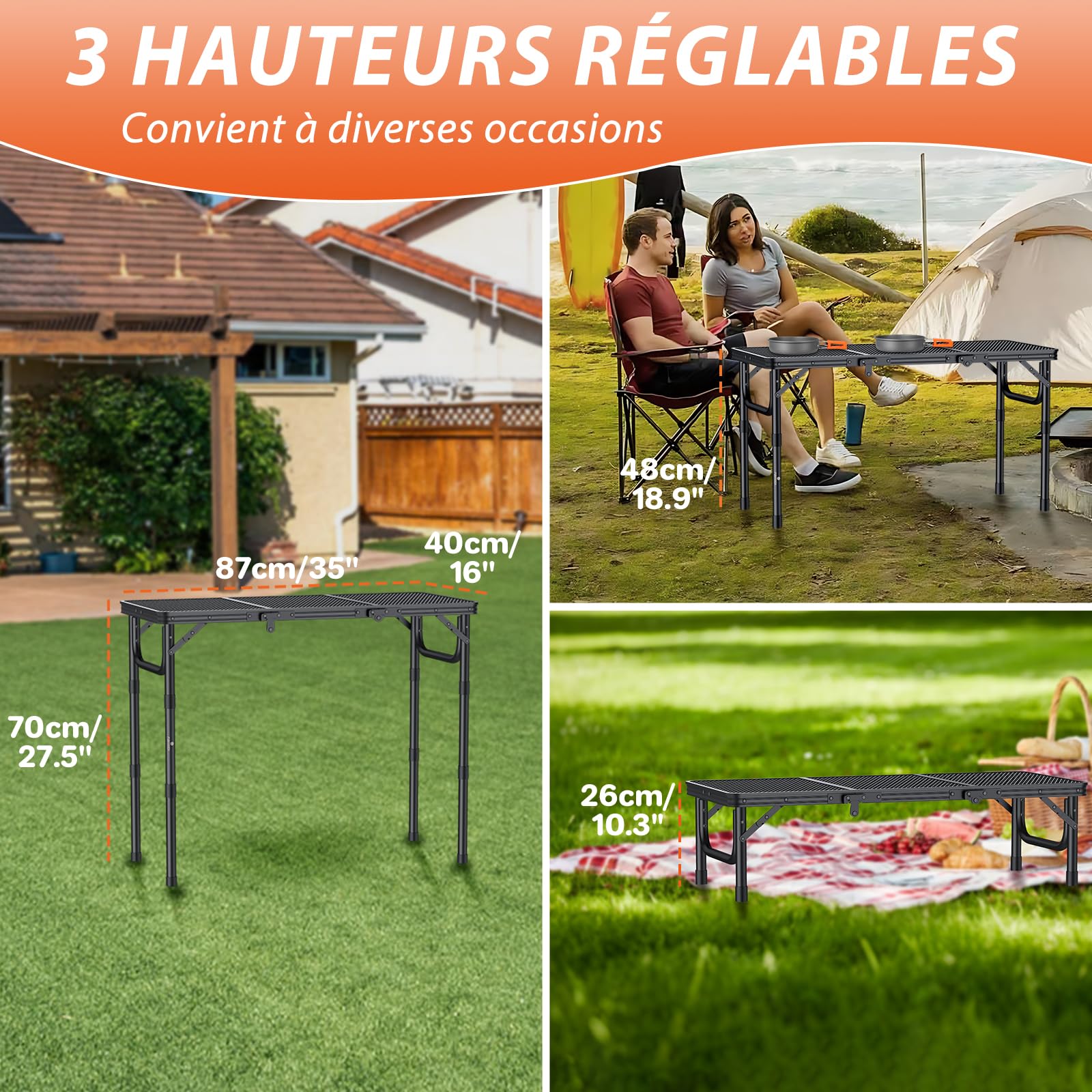 FUNYKICH Table Pliante d'Extérieur 87x40cm Aluminium Léger Capacité 30kg Noir