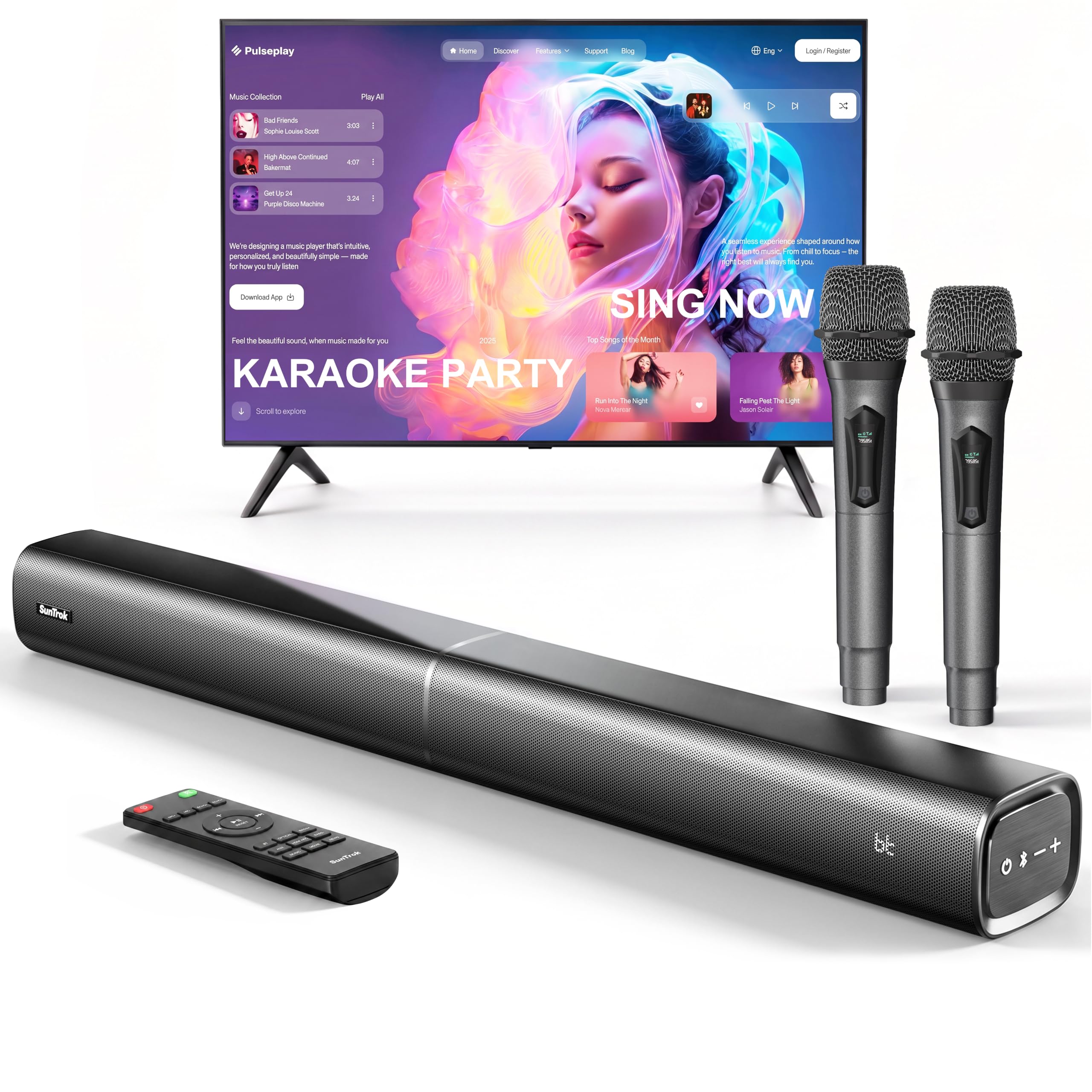Soundbar mit 2 Karaoke Mikrofonen (Neueste Generation) 60W Soundbar für TV Geräte mit 4 x Lautsprechern | Surround-Sound mit HDMI ARC/Optical/AUX/USB/Bluetooth 5.3, für Filme/Musik/Gaming/Karaoke