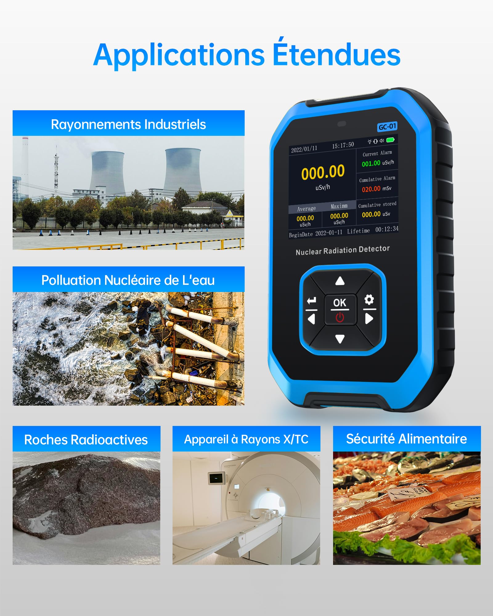 FNIRSI GC-01 Geiger Compteur de rayonnement nucléaire, dosimètre de rayonnement avec écran LCD, Portable Portable Beta Gamma X-Ray Rechargeable, 5 unités de Dosage, 0,0 μSv-500 MSV