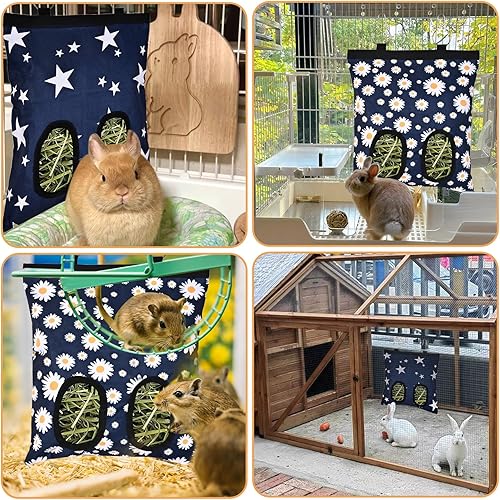 Upgraded Rabbits Hay Feeder Bag for Bunny, Guinea Pigs, Chinchillas - Hanging Washable 2-Hole Hay Dispenser with 600D Oxford Fabric, Small Animal Cage Accessories (Blue Star)(blue daisy)