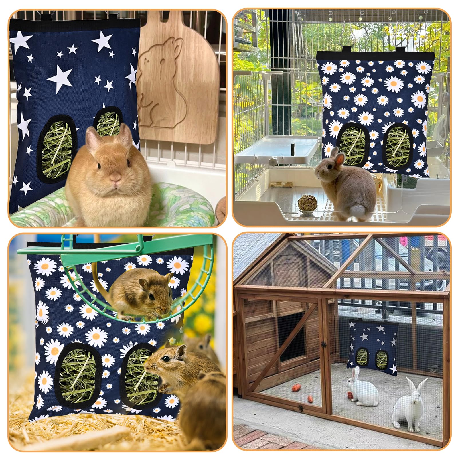 Upgraded Rabbits Hay Feeder Bag for Bunny, Guinea Pigs, Chinchillas - Hanging Washable 2-Hole Hay Dispenser with 600D Oxford Fabric, Small Animal Cage Accessories (Blue Star) - image 7