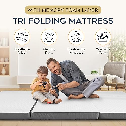 Miniatura 6 de Colchón triple plegable individual con capa de espuma viscoelástica, colchón plegable triple de 4 pulgadas con funda lavable, colchón de tamaño