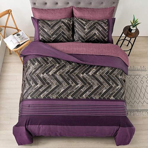Miniatura 3 de Luxudecor Juego de edredón morado tamaño Queen de 7 piezas a rayas moradas y negras en una bolsa, juego de edredón geométrico y sábanas de