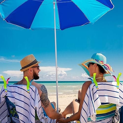 Miniatura 5 de Kaluofan 4 clips de toalla para sillas, clips fuertes para toallas, accesorios de playa con forma de loro vívido (azul + rosa)