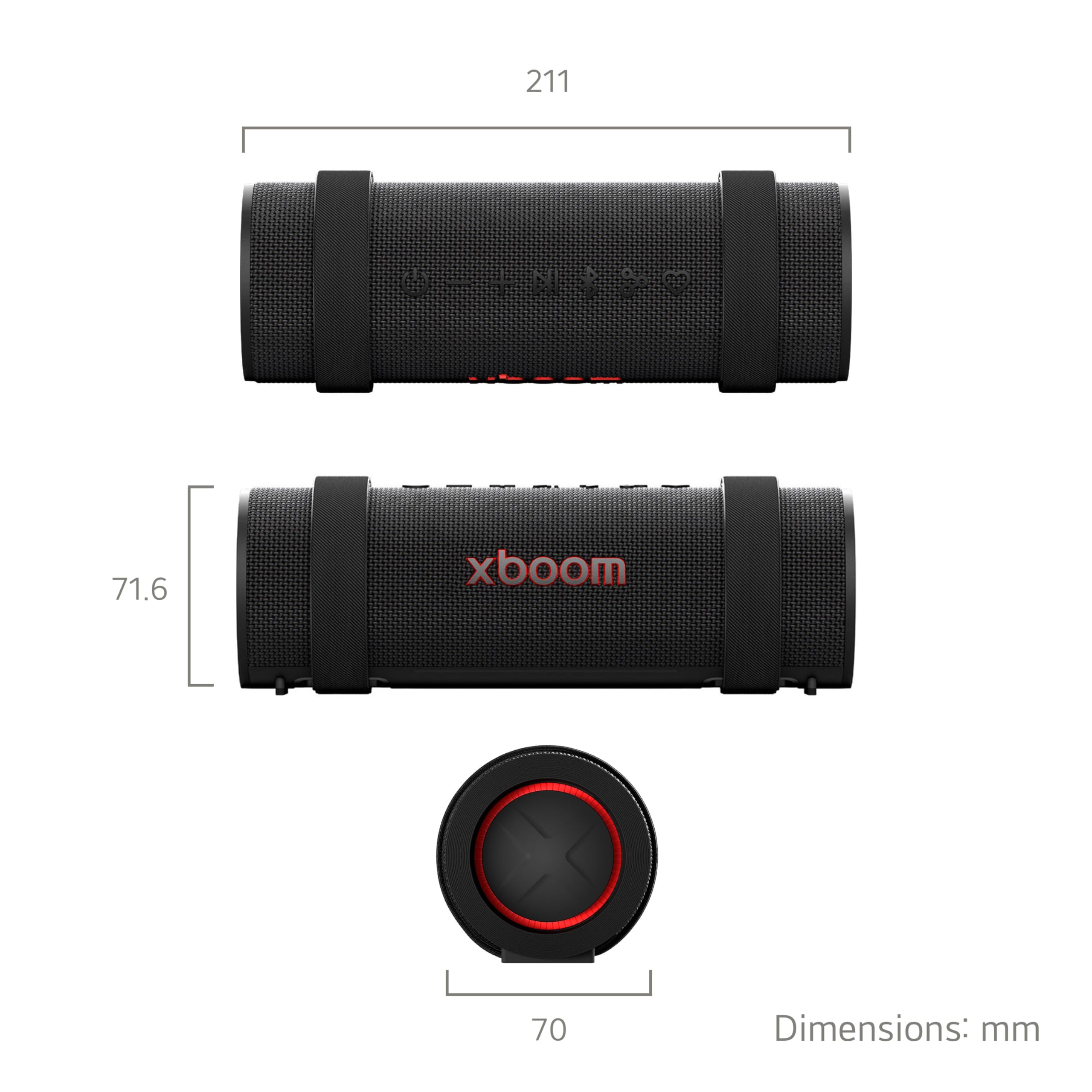 LG xboom Grab by will.i.am, xboom Signature Sound, przenośny głośnik Bluetooth, do 20 godzin odtwarzania, odporność na kurz i wodę IP67, trwałość MIL-STD 810H, regulowany pasek do noszenia