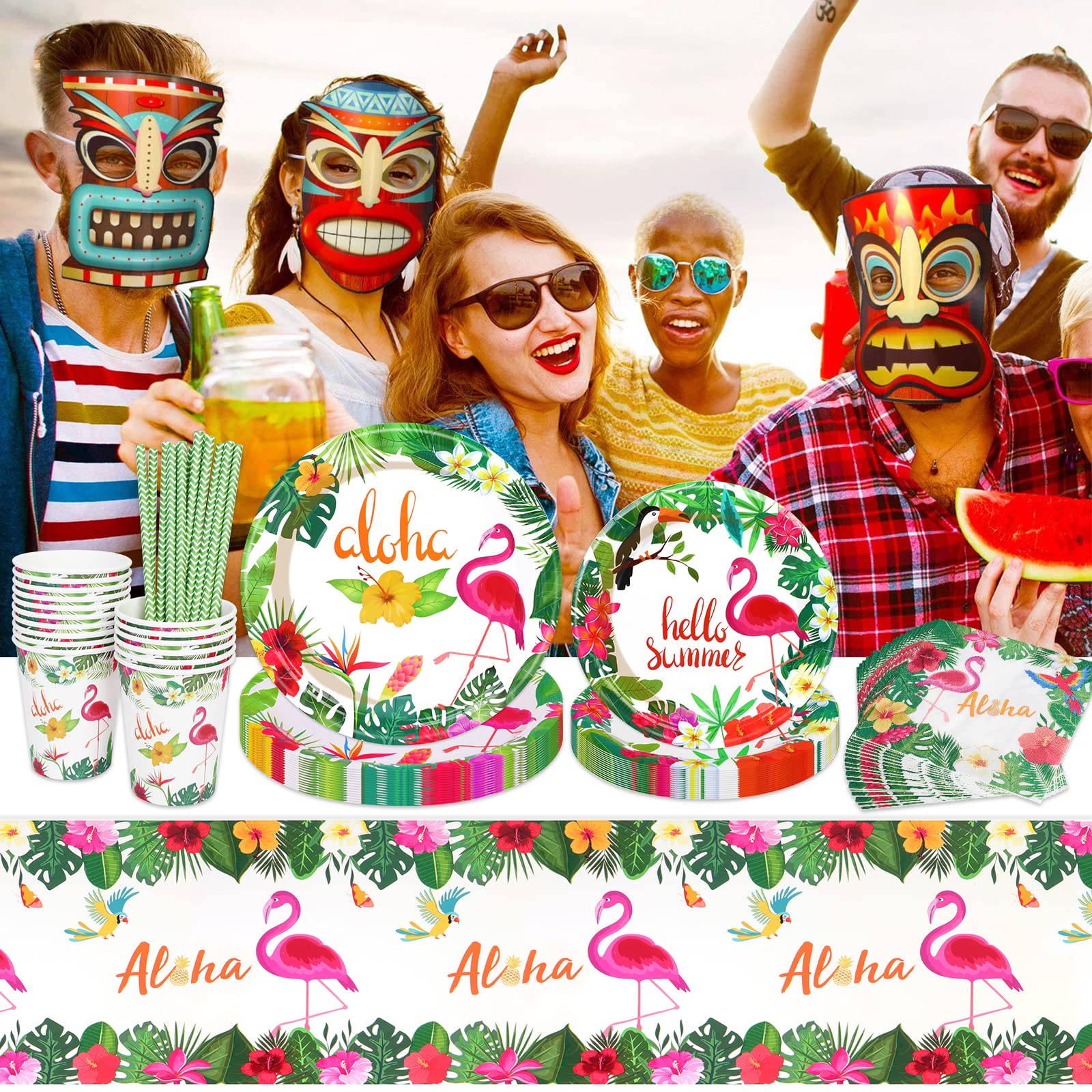 Kit 84 Pièces Vaisselle Fête Luau Hawaïenne – Assiettes, Gobelets, Serviettes, Pailles Tropicales Flamant Rose Pour 16 Invités, Thème Aloha Été