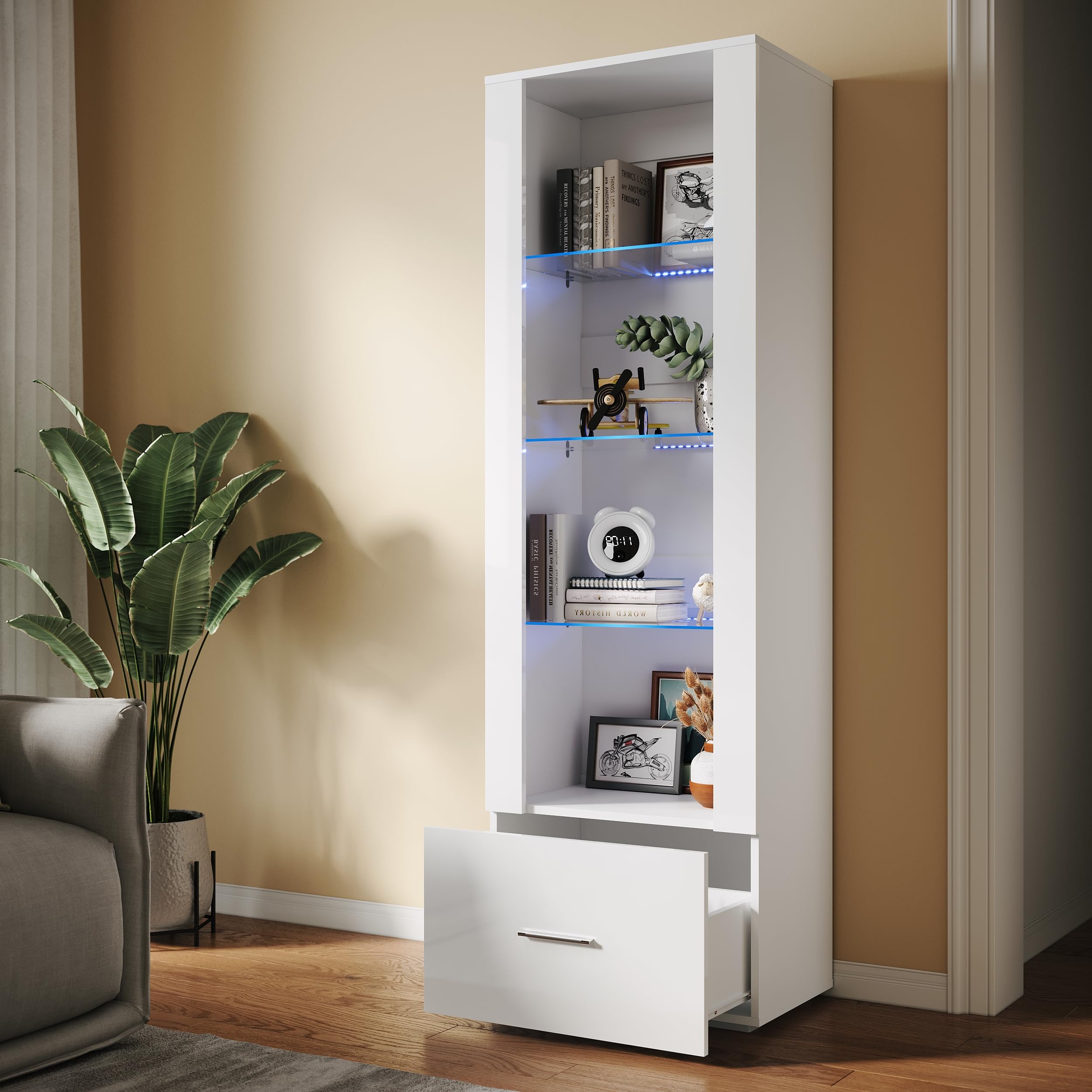Vetrina per soggiorno, vetrina in vetro bianco, 550 x 350 x 1720 mm, con illuminazione LED blu