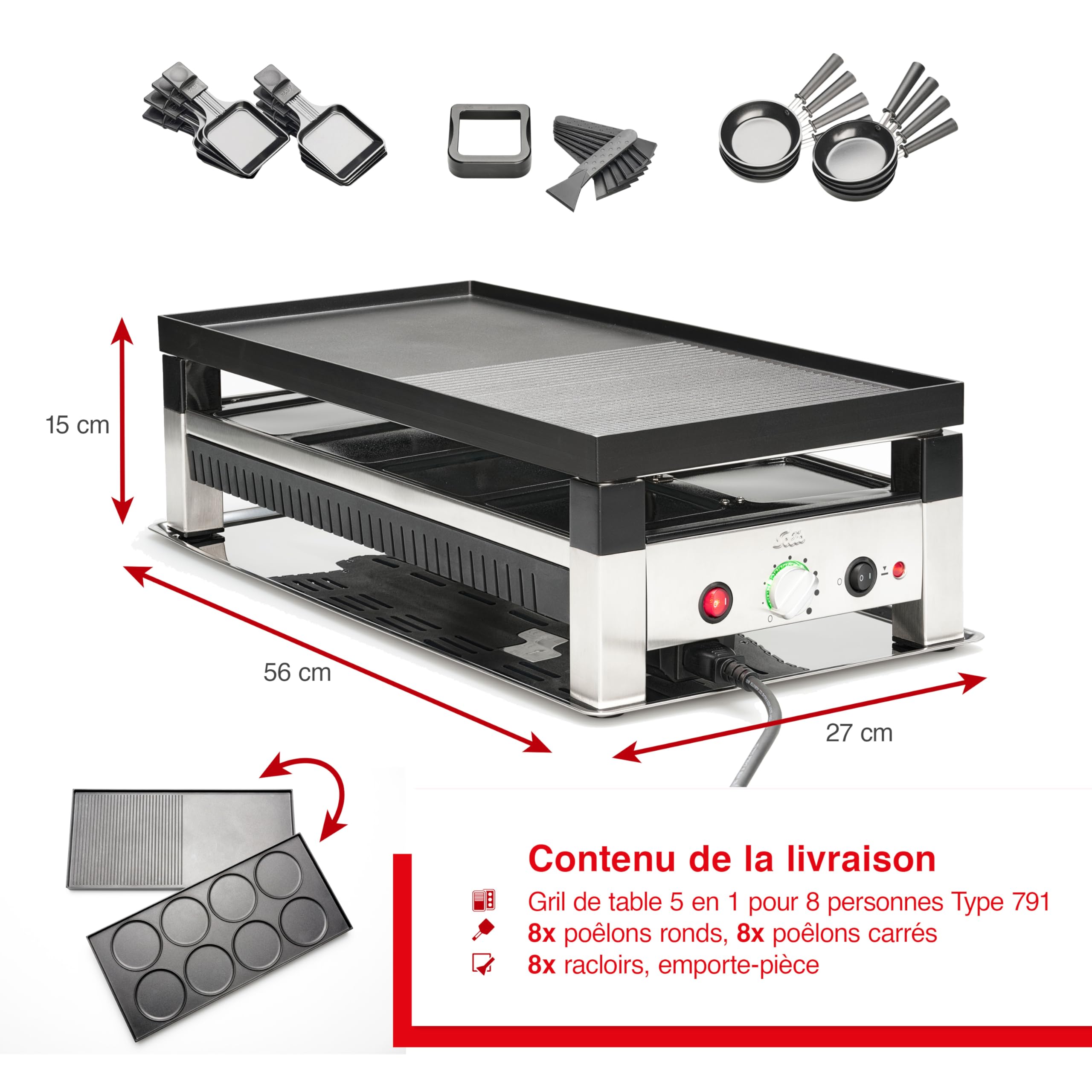 Solis Table Grill 791 5 en 1 Appareil à raclette pour 8 personnes – Raclette + grill de table + wok + grill à pizza + crêpes – Barbecue électrique – 1400 W – Acier inoxydable