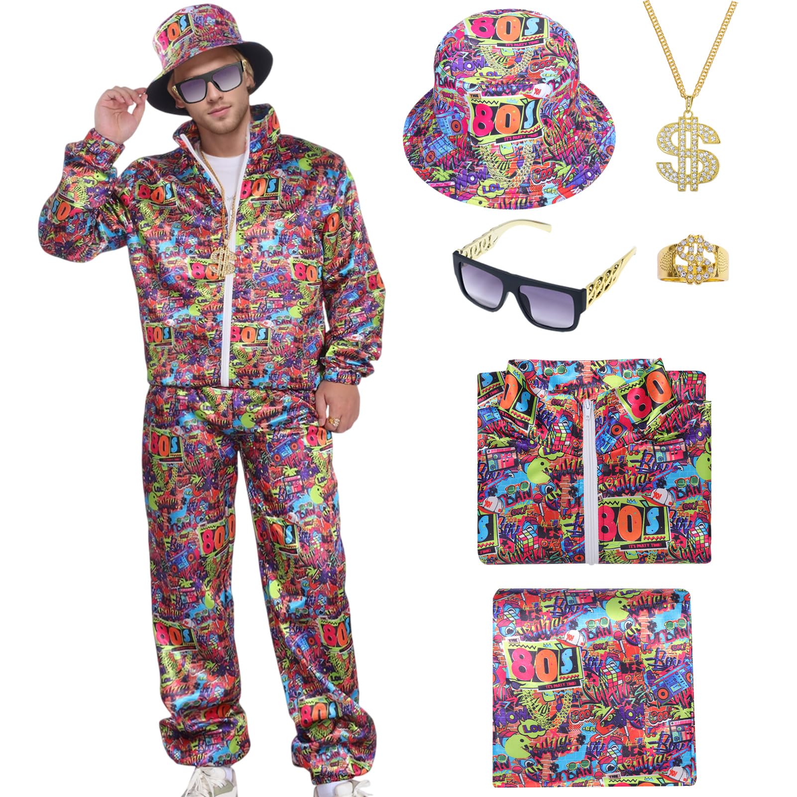 Déguisement Année 80 90 Homme Femme Survêtement Ensemble Costumes Rétro Adulte Disco Veste Tenue Accessoires Chapeau Lunettes Fête Carnaval Halloween Sport Jogging (Rouge-80, S)