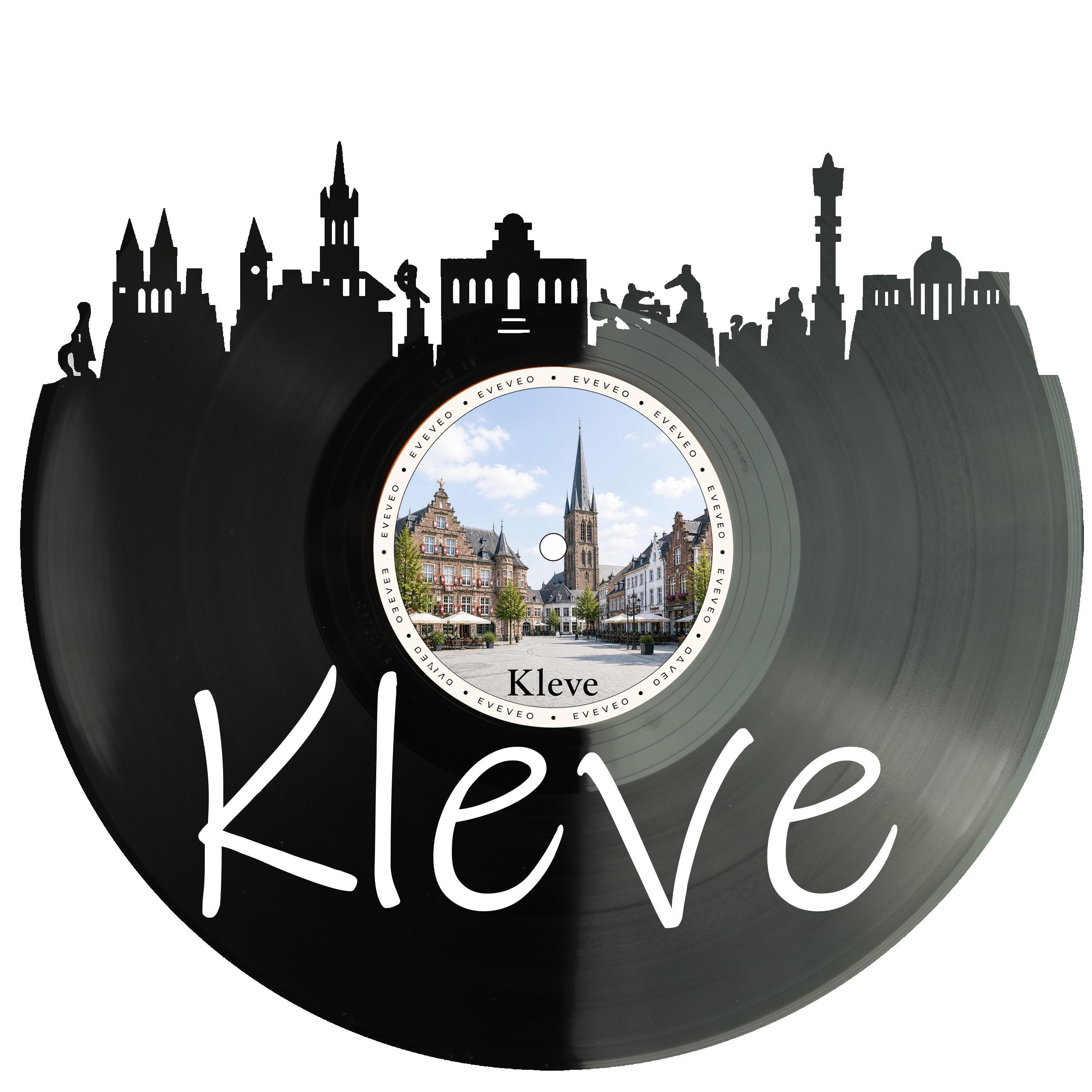 EVEVO Decorazione da parete in vinile Kleve - Decorazione da parete in vinile con skyline della Bassa Rena, regalo per gli appassionati di Kleve, castello di cigno D0028