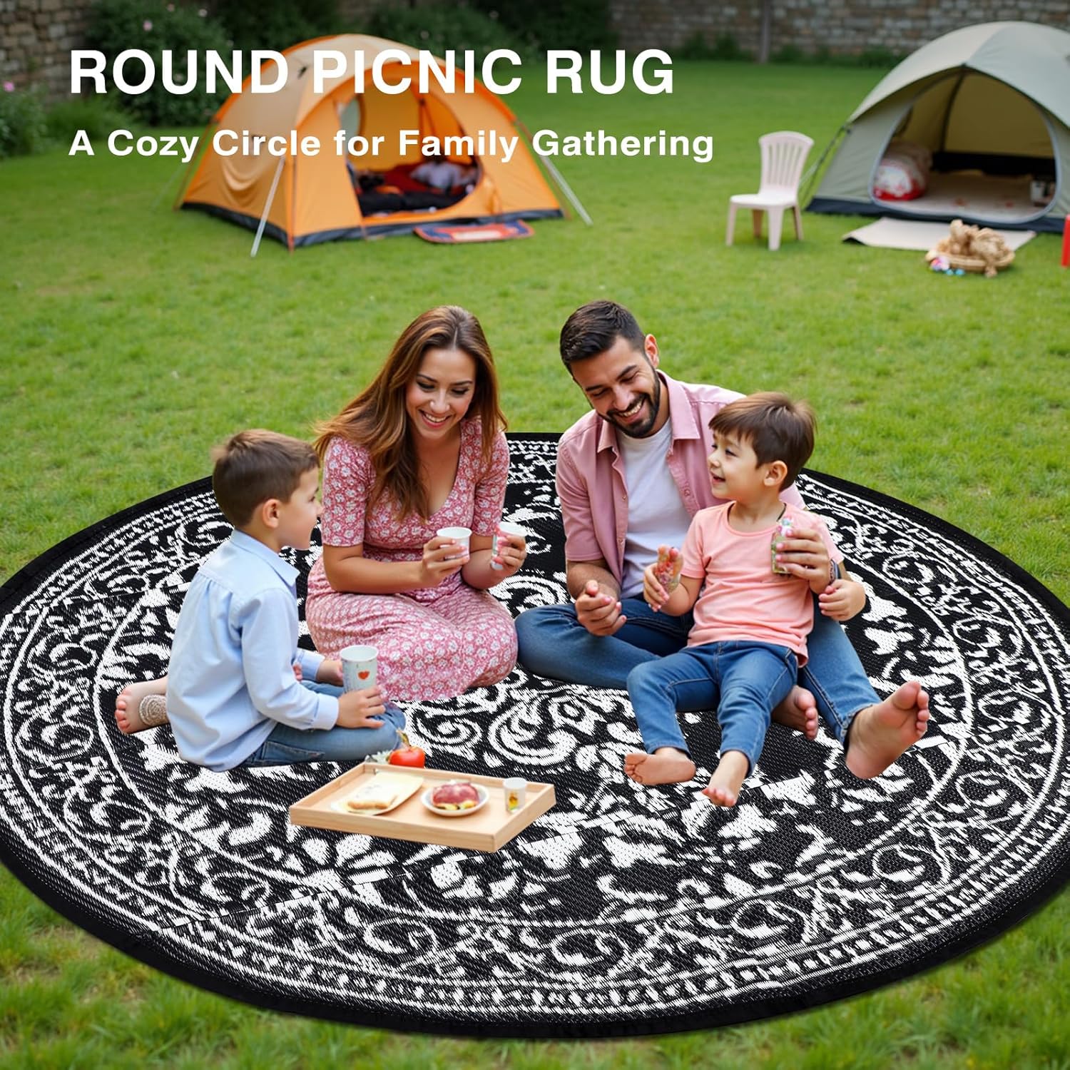 nesrt Waterproof Round Outdoor Rug 8 Ft, Vintage Reversible Plastic Straw Circle Rugs for RV Camping, Portable Outside Carpet Mat for Deck Backyard Picnic Patio Beach Porch (Black & White)