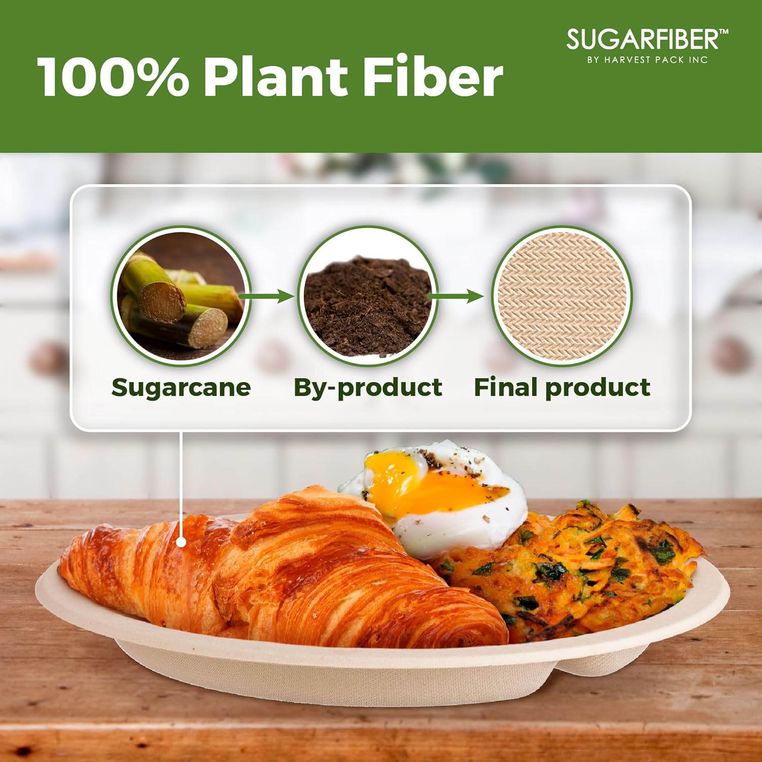 [125 COUNT]Harvest Pack Compostable 3 Compartment Paper Plates, Disposable Round 10-inch Sectional Lunch Trays, Divided Bagasse Plates for Party Dinner, from Eco-friendly Sugarcane