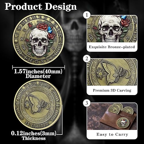 Miniatura 5 de Calavera mariposa Memento Mori Challenge Coin Skull Stoic Carpe Diem Coin Time is Limited Amor Fati Token Medallones de estoicismo, regalos para