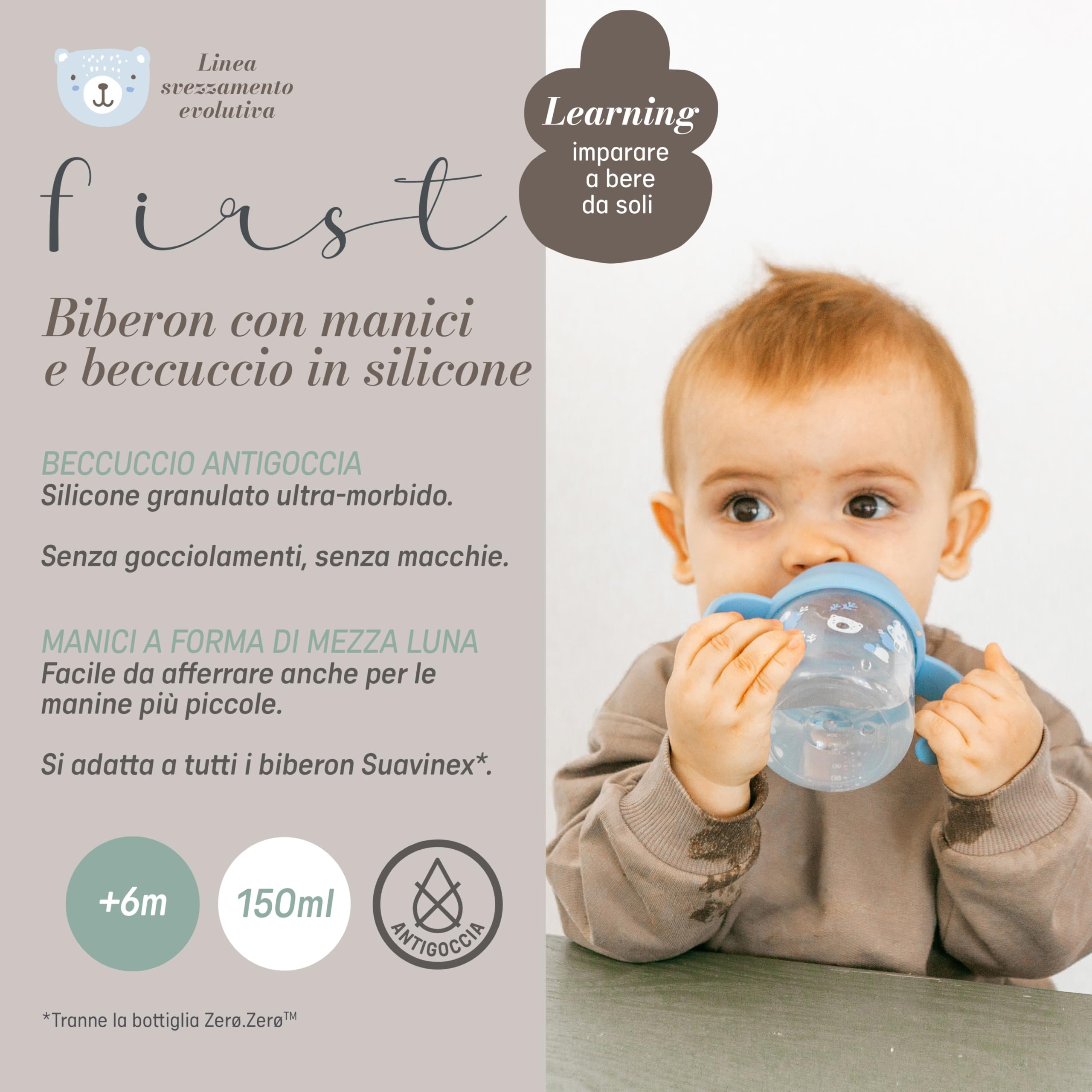 Bicchiere di Apprendimento Suavinex per Neonati+6 Mesi 150 ml Beccuccio in Silicone Anticolica