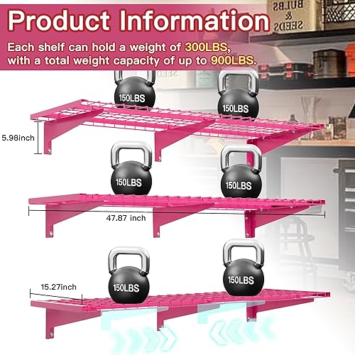 Miniatura 2 de Estantería de garaje de 3 niveles de 1.3 x 4 pies montada en la pared, carga 900 libras, estantería de pared de metal de 15.6 x 48 pulgadas, estante