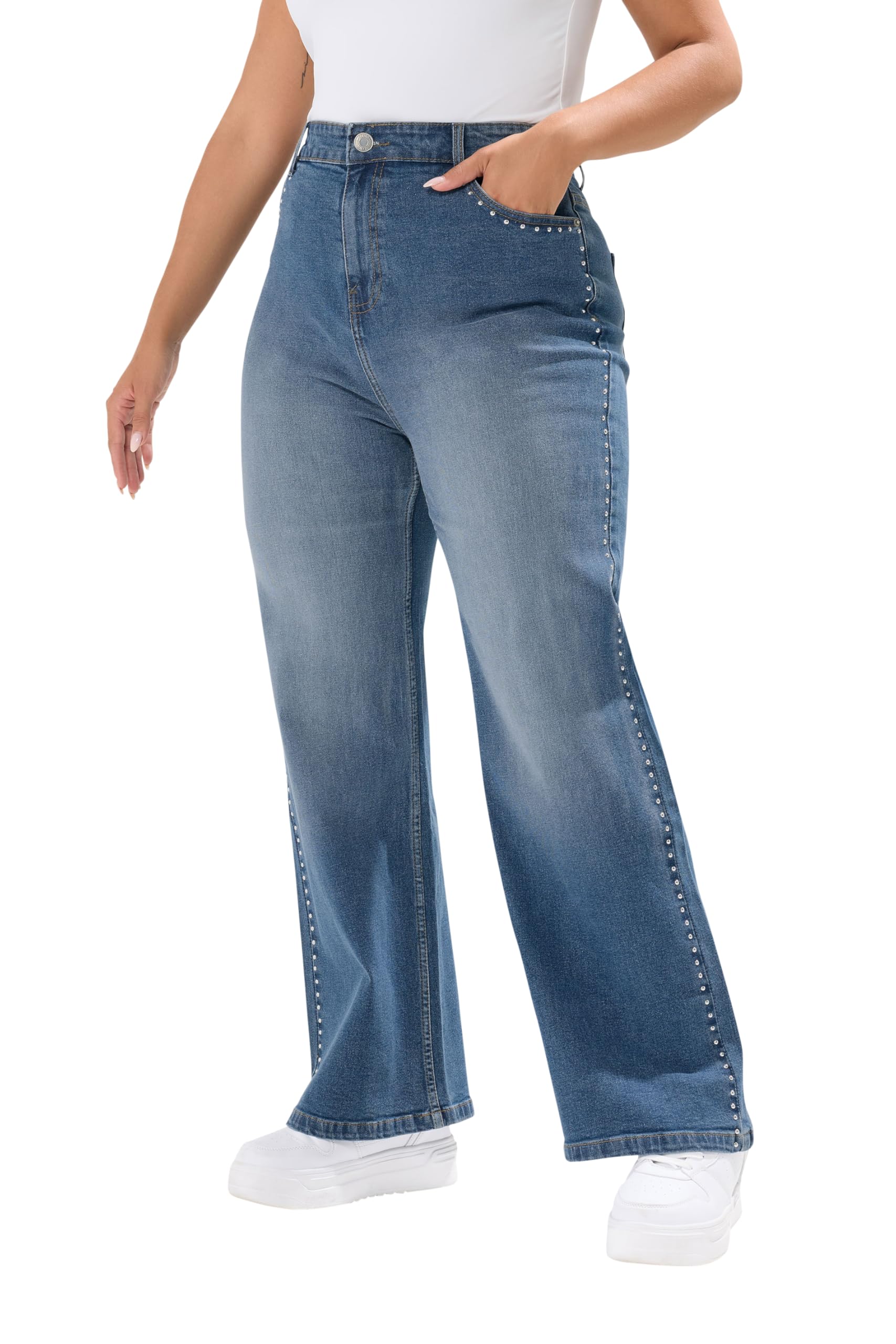 Yours Women's Studded Wide Leg Jeans in Blue | Size: 26