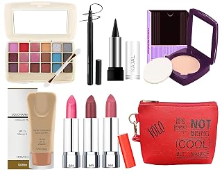 volo Stylish Beauty combo makeup set (3 Pcs Lipsticks,1 Eye Shadow, 1 Foundation,1 Eyeliner, 1 Compact, 1 Kajal, 1 Pouch) Set of 9 Pcs C12(Orange)