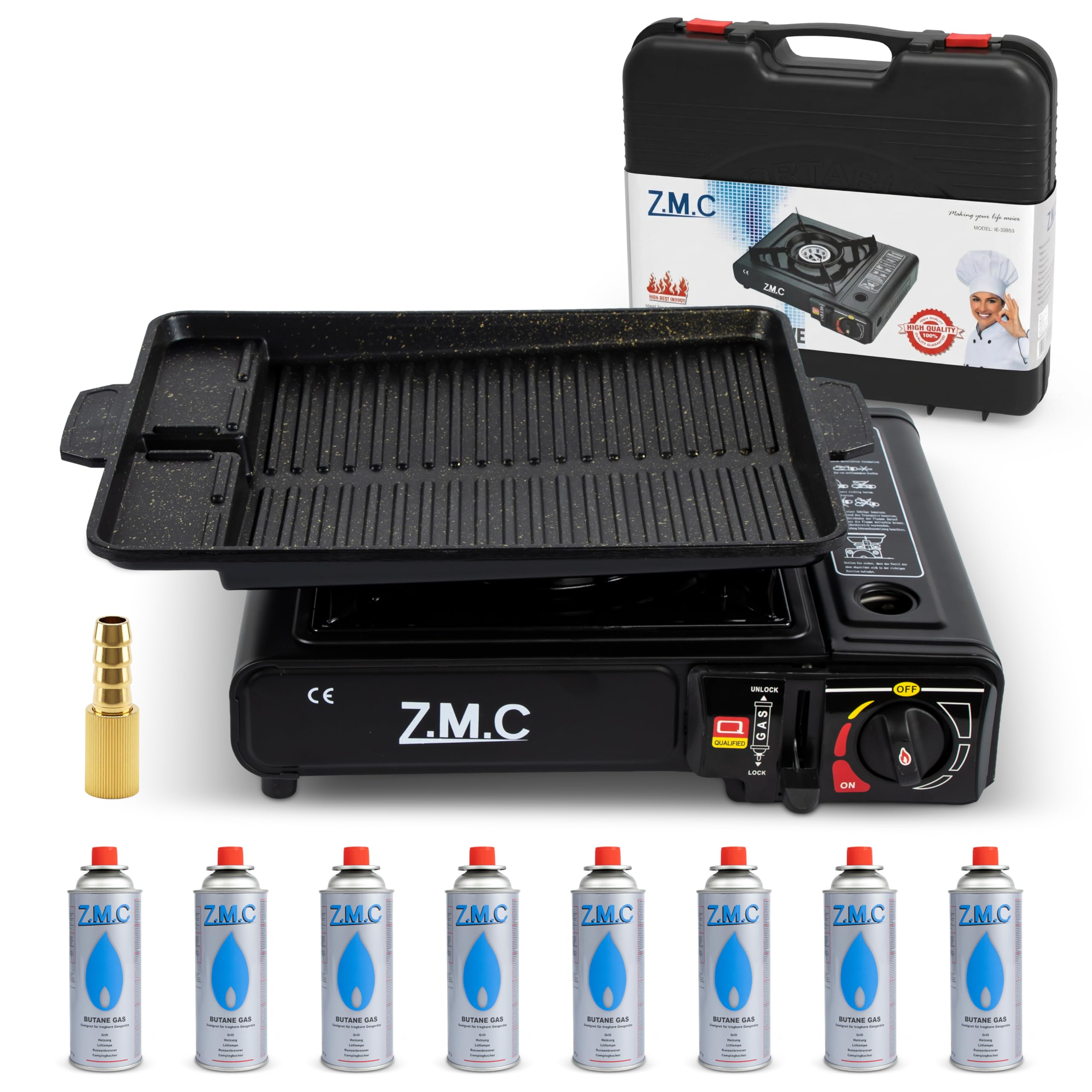 Z.M.C Gaskocher 1-flammig 2,2 kW | Campingkocher mit Piezo-Zündung, Transportkoffer & LPG-Adapter | Optional mit Gaskartuschen 227g & Grillplatte | für Camping, Outdoor & Notfall