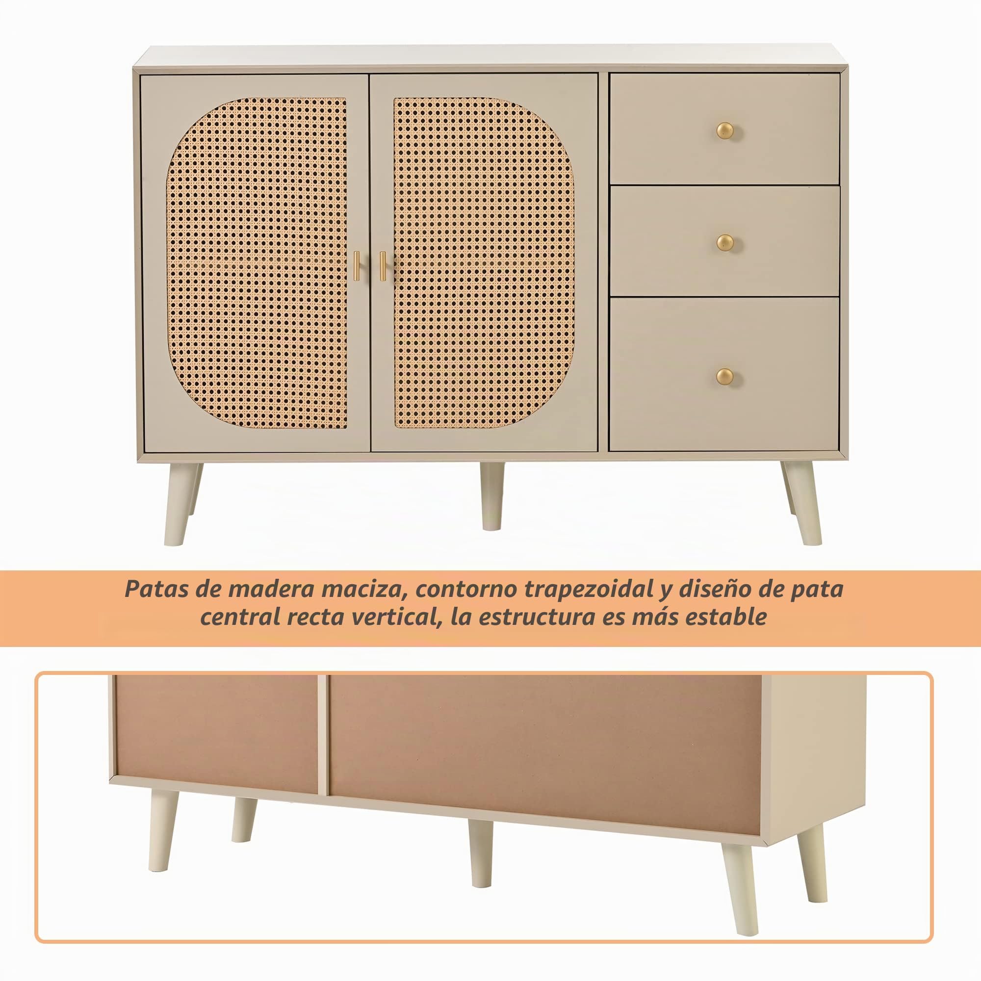 Azkoeesy Aparador de Ratán Beige- Armario Buffet 2 Puertas + 3 Cajones (120x40x82 cm) para Cocina, Salón o Jardín - Mueble de Almacenamiento Estilo Rústico