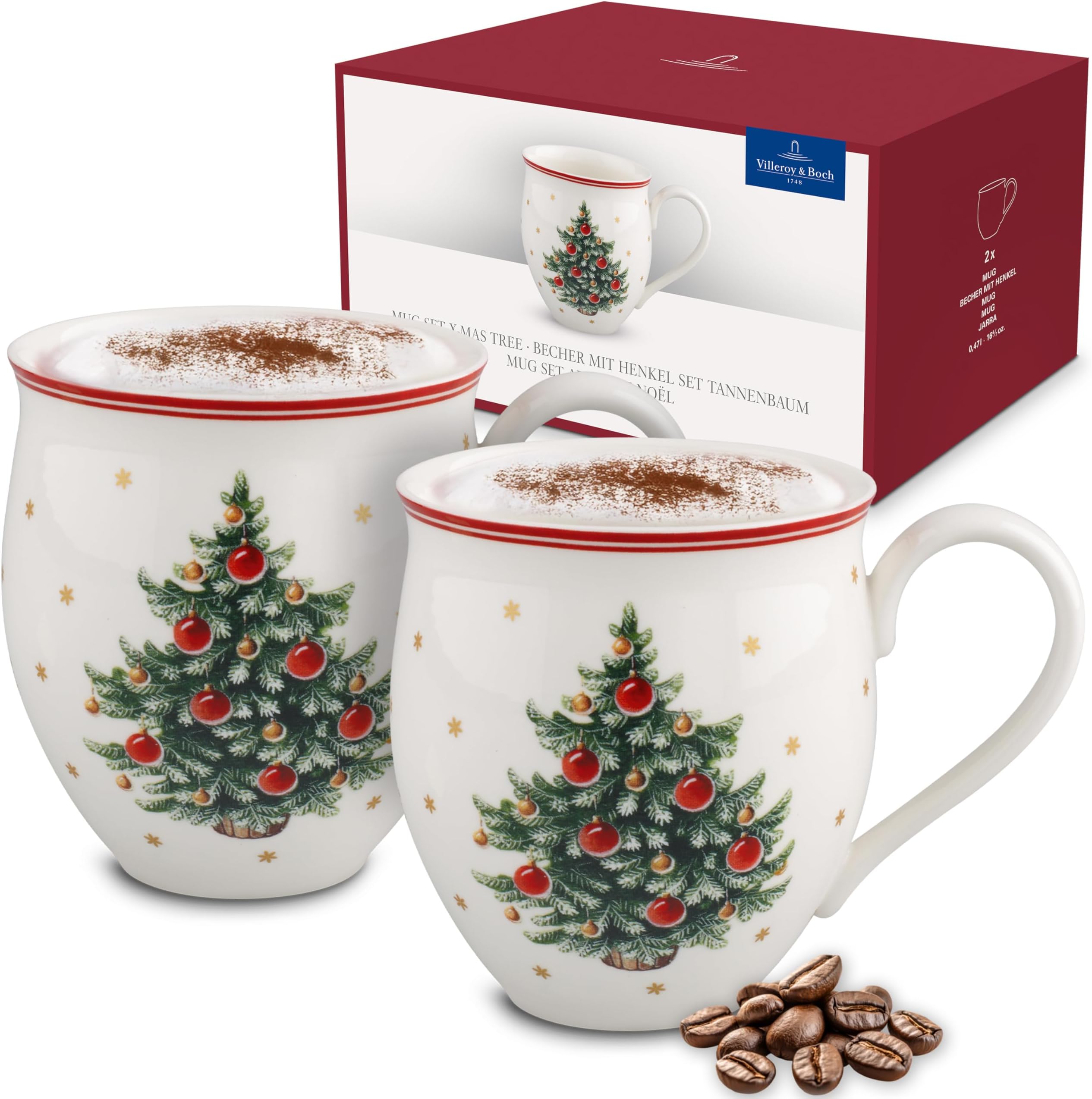 Villeroy & Boch – Toy's Delight Mug Christmas Tree 2-Piece Red and White, Dishwasher Safe, Microwave Safe, Christmas Mug, Coffee Mug, Cup For Tea, Christmas Decoration Indoor, Premium Porcelain