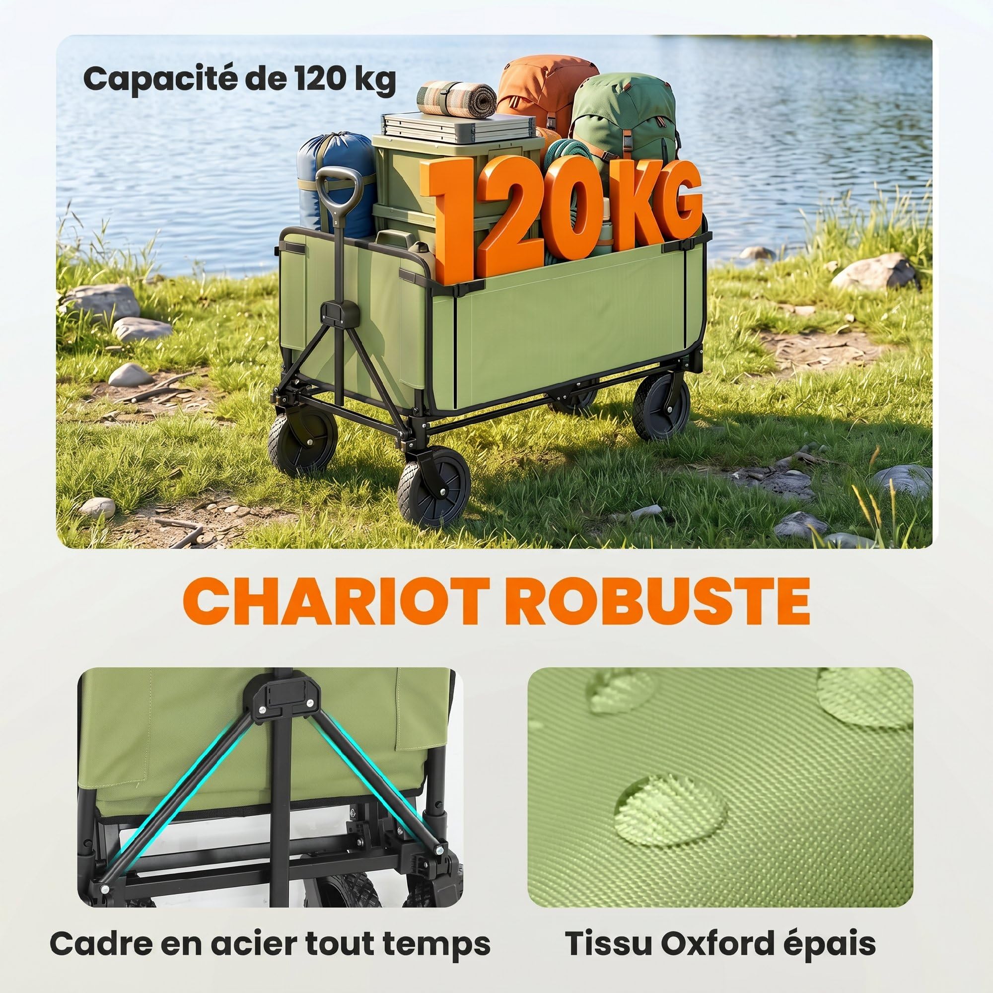 Outsunny Chariot de Transport Pliable 190L 120kg, Chariot de Jardin 4 Roues Dont 2 Roues Universelles, Poignée Télescopique Rotative et Ajustable 90°-180°, pour Plage, Camping, Jardin, Cour, Noir