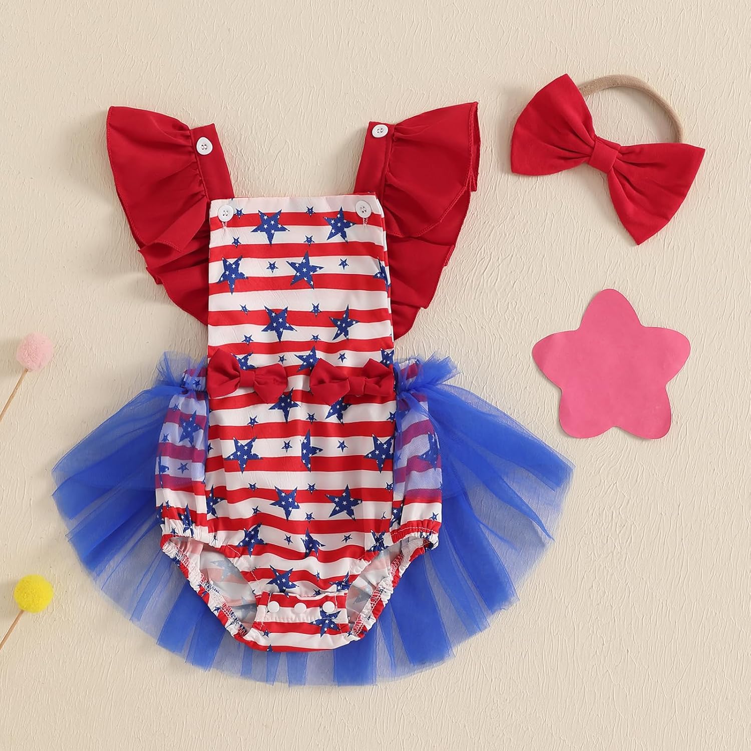 My First 4th Fourth of July Baby Girl Outfit Stars Heart Sleeveless Romper Tulle Dress Independence Day Outfits - Image 5