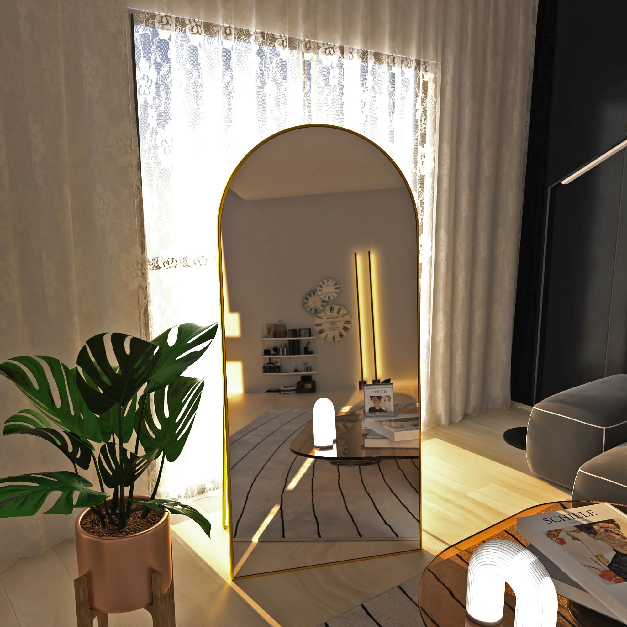 FANYUSHOW Standspiegel mit Gewölbtem Oberteil, 165 x 60 cm, Großer Bogenspiegel mit Haltbarem Glas, Wandmontierter Spiegel in Voller Länge, Angelehnt oder Frei Platziert mit Halterung,Gold