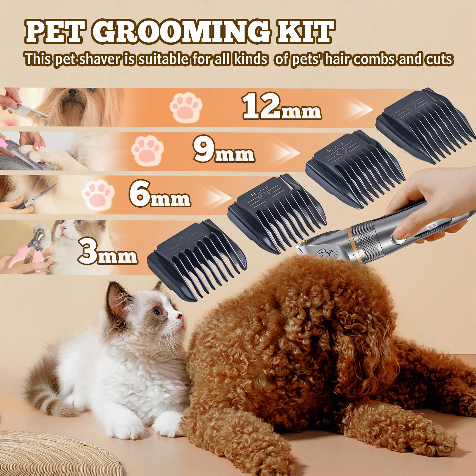 Maquina Cortar Pelo Perros Profesional, IPX7 Impermeable Cortapelos para Mascotas, Cortapelos Recargable para Gatos, para Largo y Pelo Grueso con 4 Peines Guía