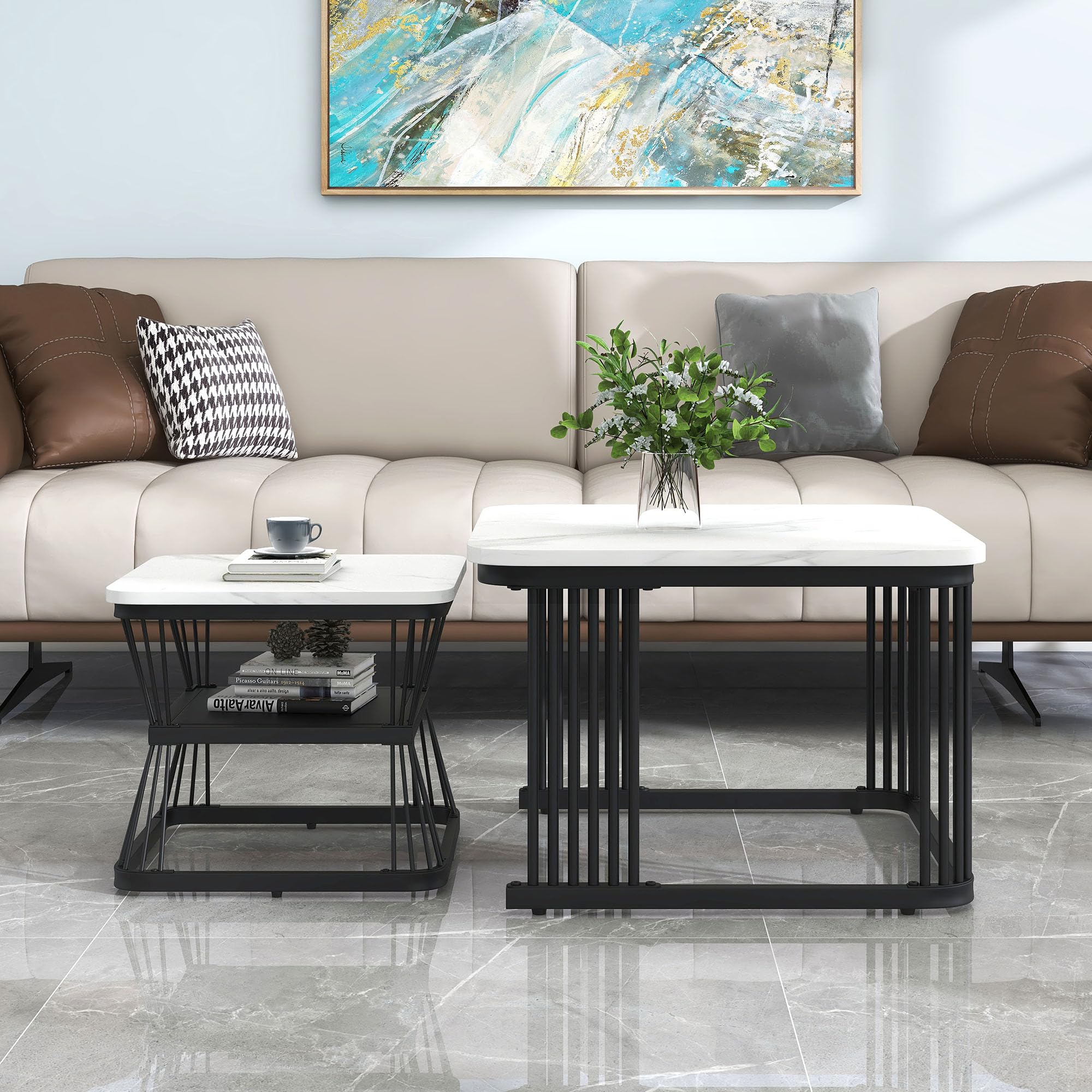 Merax Nest of 2 Tables Square Coffee Table Marble Coffee Table Set Nesting Sofa Table with Black Metal Frame Legs Suitable for Living Room Home White — image 1