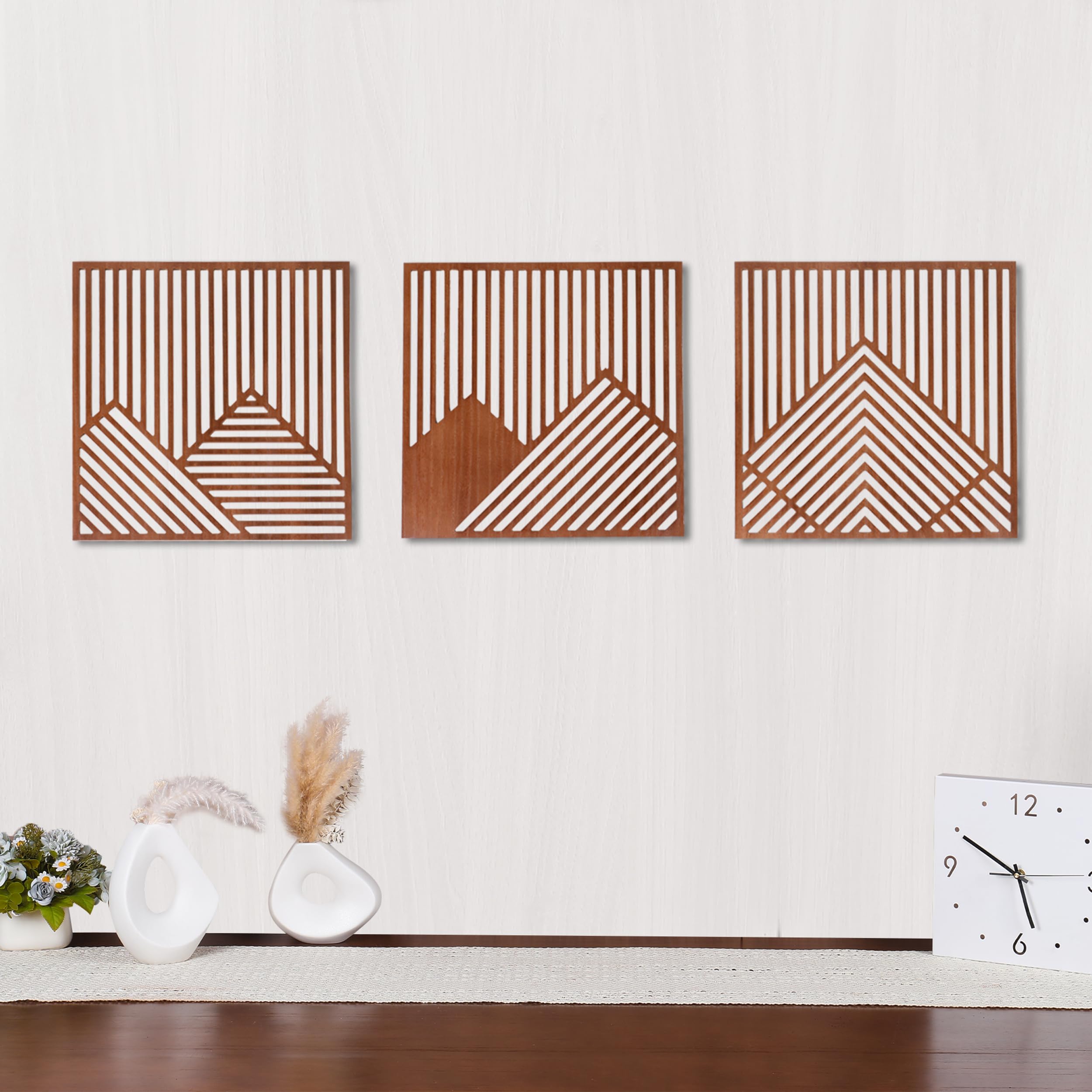 Wood Panels Wall Decor - 3 Piece Set - 15.7” x 15.7” - Interior Modern Mountain Wall Art - Wooden Geometric Mountains - Abstract Wall Art - Natural