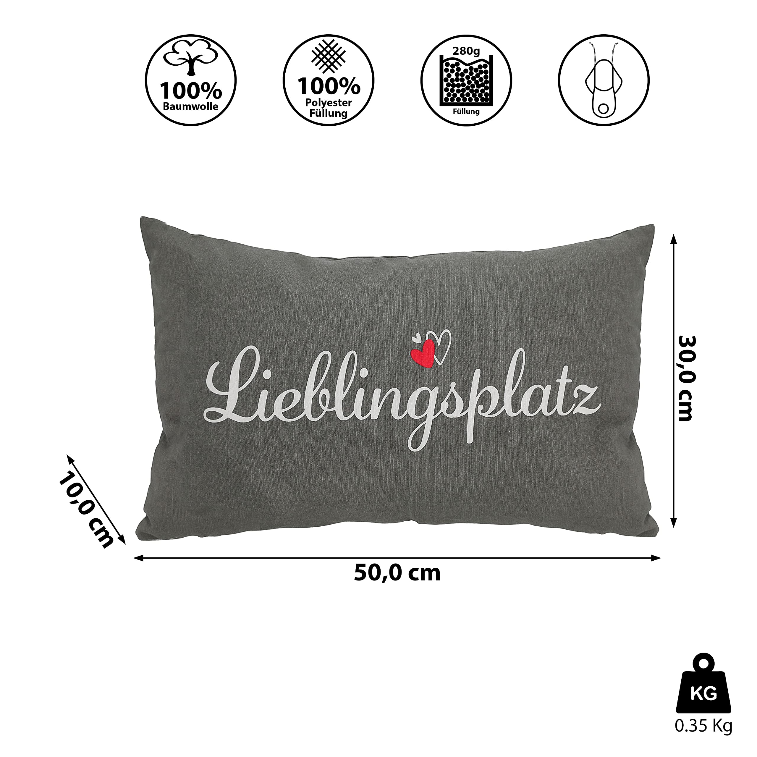 Cepewa Sofakissen Lieblingsplatz mit Reißverschluss | 50x30cm 280g Füllung grau weiß rot | Kuschelkissen Dekokissen waschbar (1 x Sofakissen Lieblingsplatz)