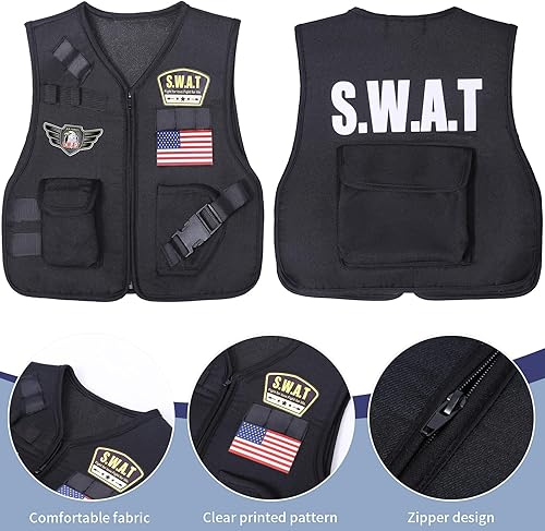 Miniatura 2 de Latocos Disfraz de oficial de policía SWAT de 15 piezas para niños con chaleco, accesorios de policía, juego de rol para Halloween y cosplay
