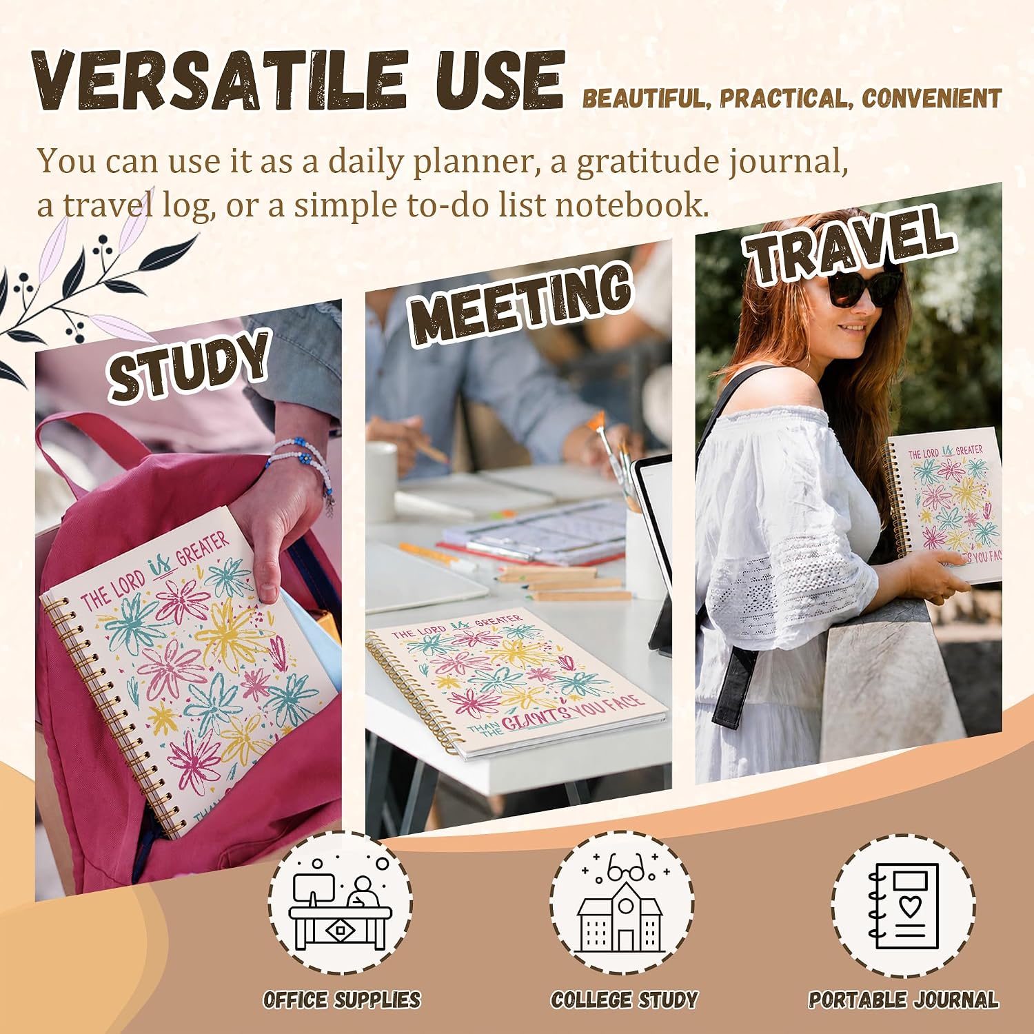 YEBFC Bible Christian Journal, Minimalist Floral Notebooks For Women Teen Girls Gifts, 5.7"×8.2" The Lord Is Greater Cute Spiral Hardcover Notebook, Church Preppy Office Supplies (A28) image 5