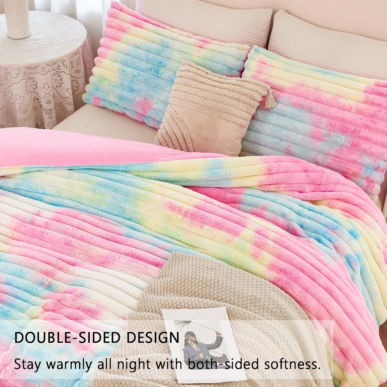 ZRNBAST Faux Fur Fluffy Duvet Cover 3 Pcs Pink Girls Bedding Set Twin Size Rainbow Tie Dye Plush Furry Comforter Cover Luxury Fuzzy Heavy Bed Sets for Teens Women(Pink Rainbow, Twin)