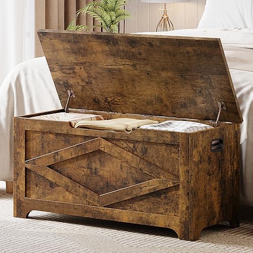 Miniatura 56 de GAOMON Baúl de almacenamiento, baúl de almacenamiento de madera con marco de metal, banco de zapatos de entrada con cojín, organizador de Marrón